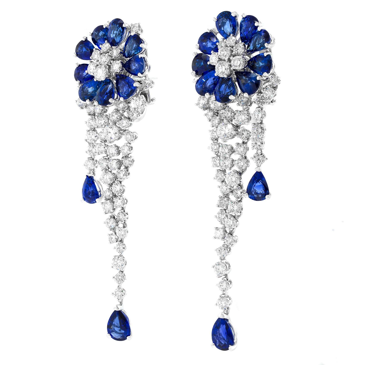 Italienische Design-Ohrringe mit Saphir und Diamant-Kronleuchter (Rundschliff) im Angebot