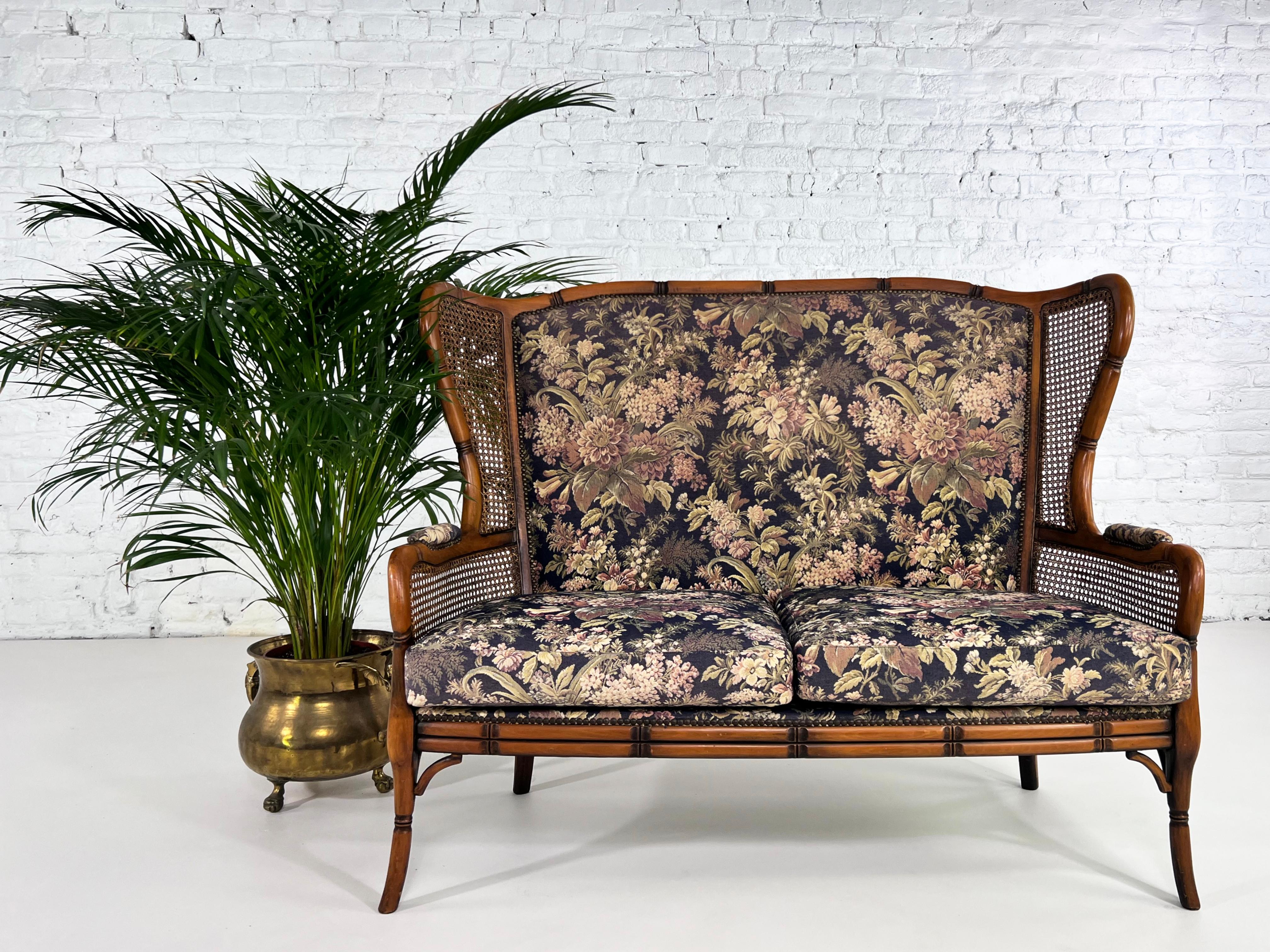 Fabric Italian Design Sculpted Wooden and Wicker Cane Wingback Two Seater Sofa For Sale