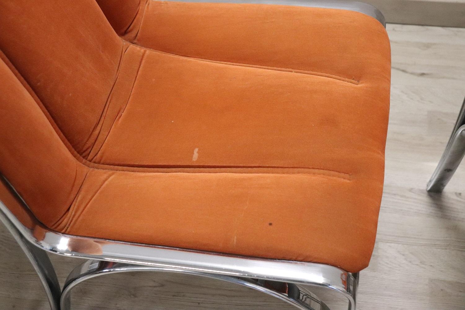 Italian Design Set of Four Chairs in Chromed Metal and Orange Velvet, 1970s 1