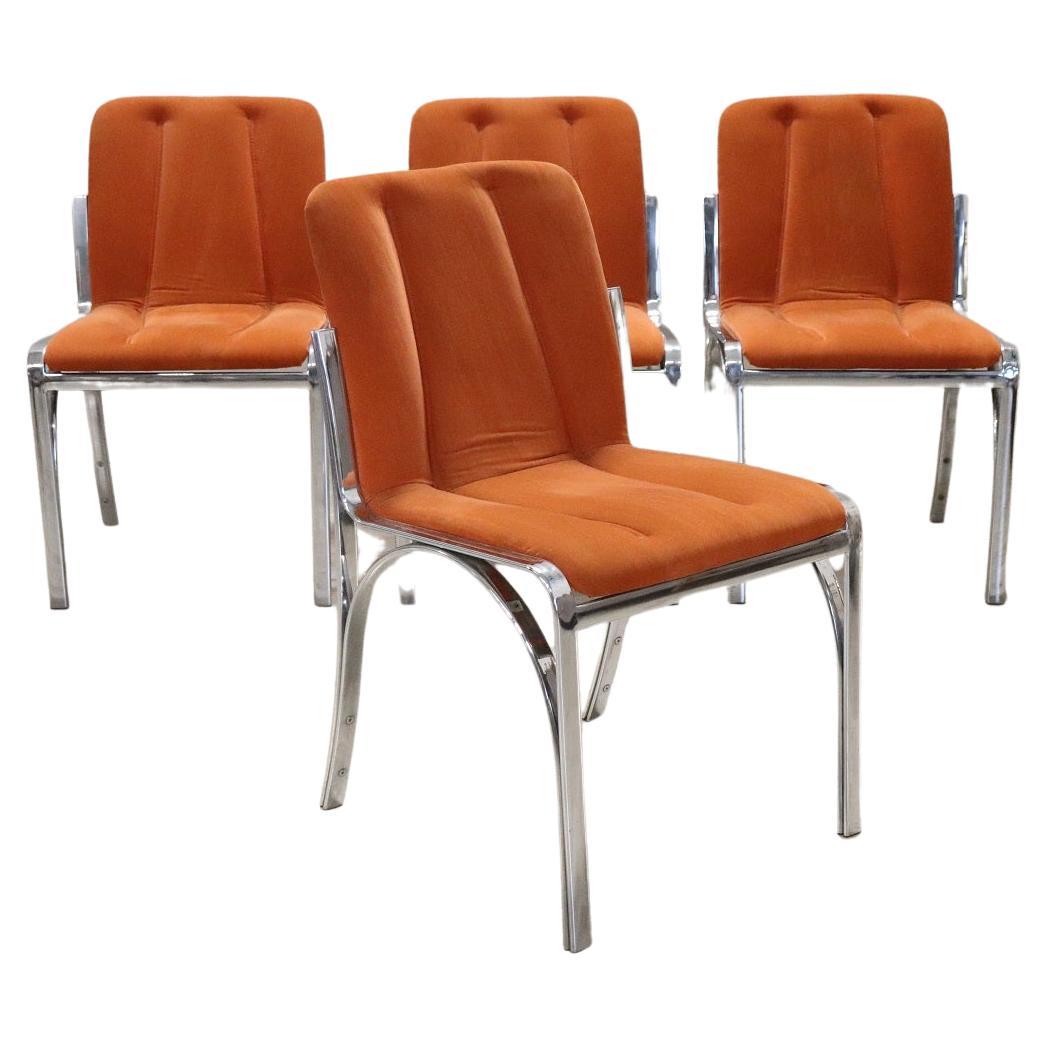 Italian Design Set of Four Chairs in Chromed Metal and Orange Velvet, 1970s