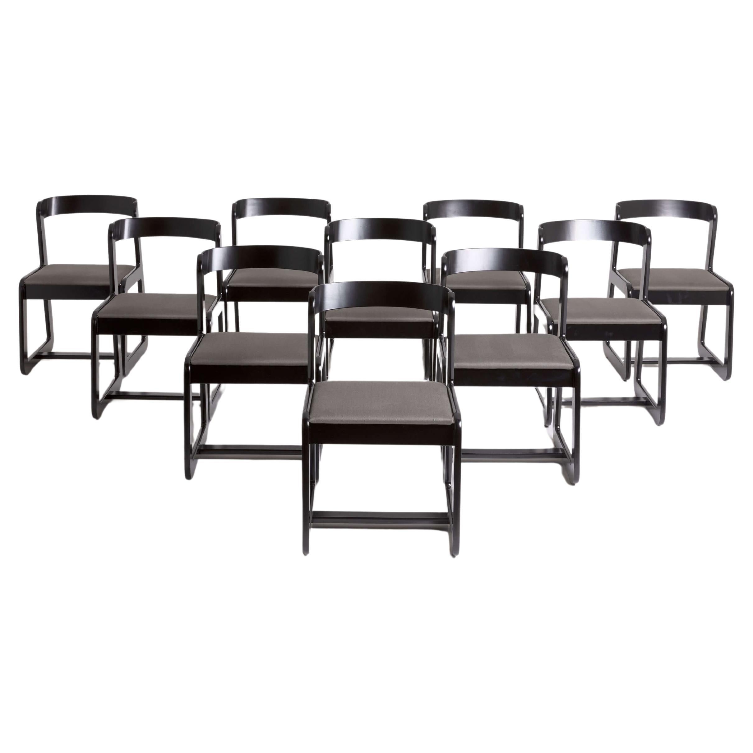 Ten Dining Chairs for Mario Sabot: Black Lacquer, circa 1970 For Sale