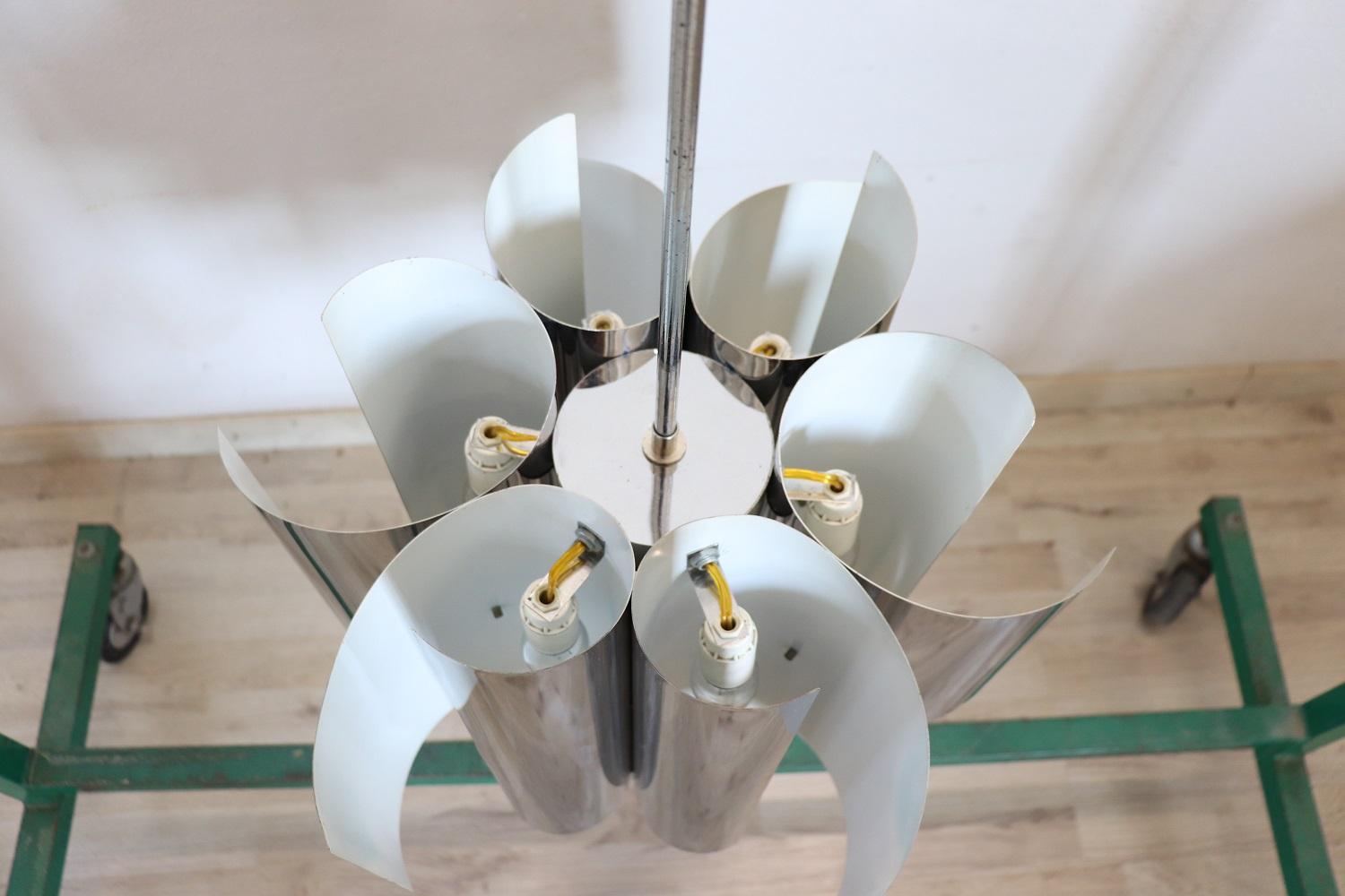 Italian Design Space Age Chandelier in Steel with 6 Light Bulbs , 1970s For Sale 1