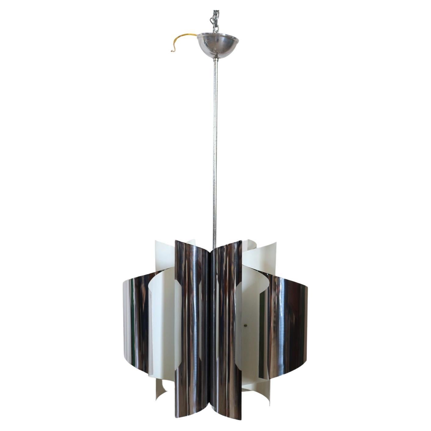 Italian Design Space Age Chandelier in Steel with 6 Light Bulbs , 1970s For Sale
