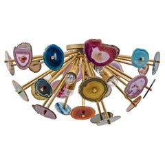 Italian-design "Sputnik" Ceiling Lamp Agate Stone Sections and Brass
