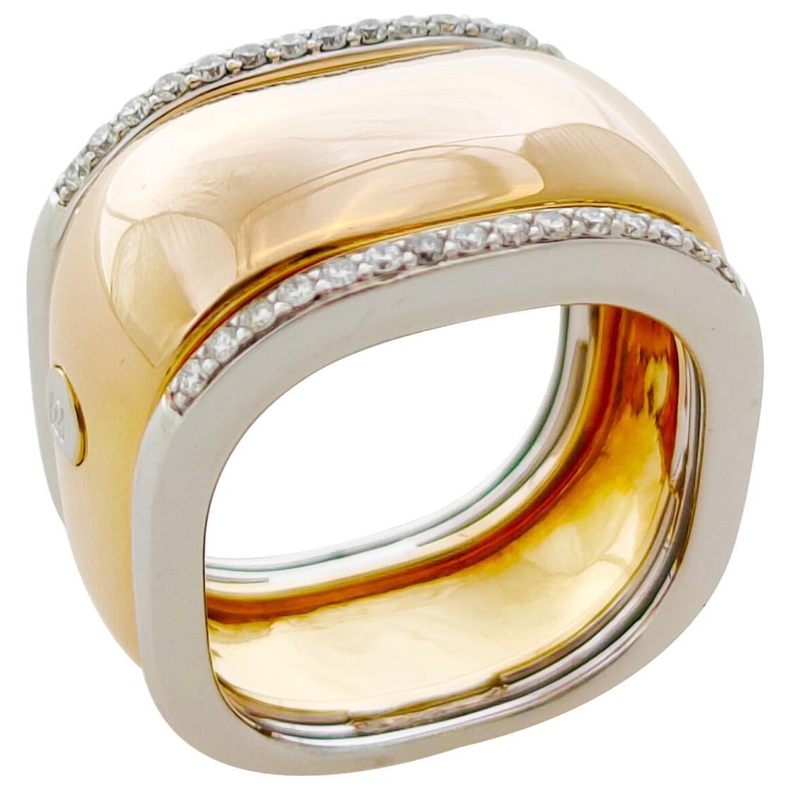 Italian Design Square Ring in 18 Karat Pink and White Gold with Diamonds For Sale