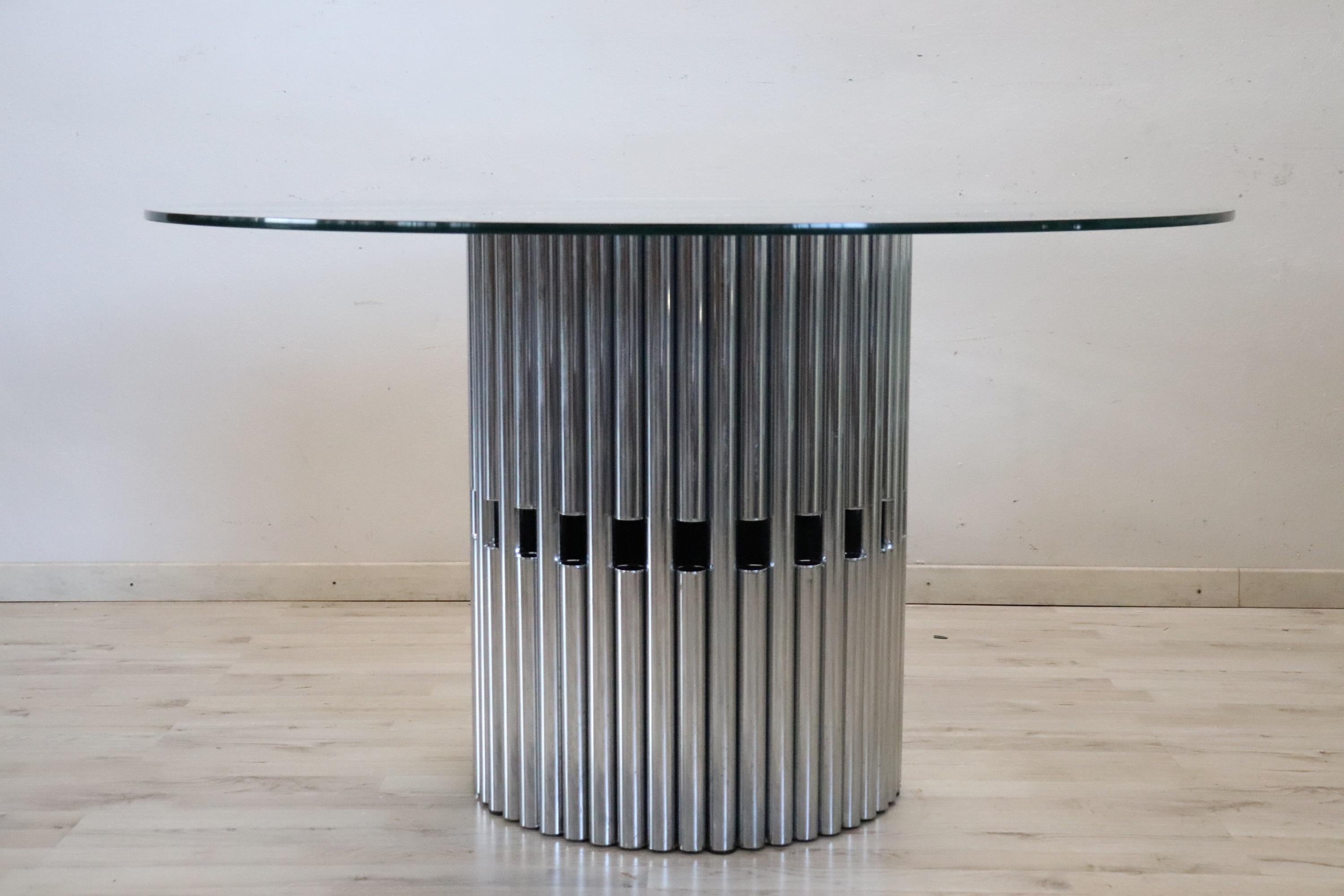Italian Design Steel and Glass Top Round Dining Table, 1970s For Sale 2