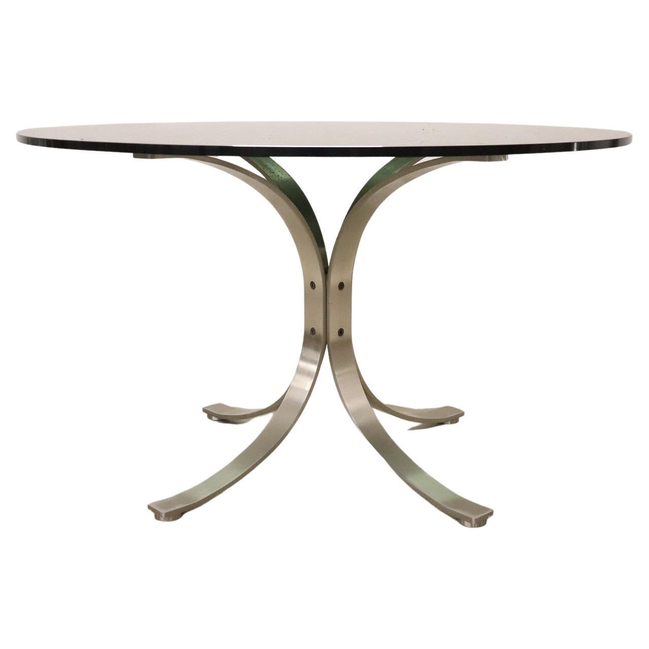 Italian Design Steel and Smoked Glass Top Round Dining Table, 1970s