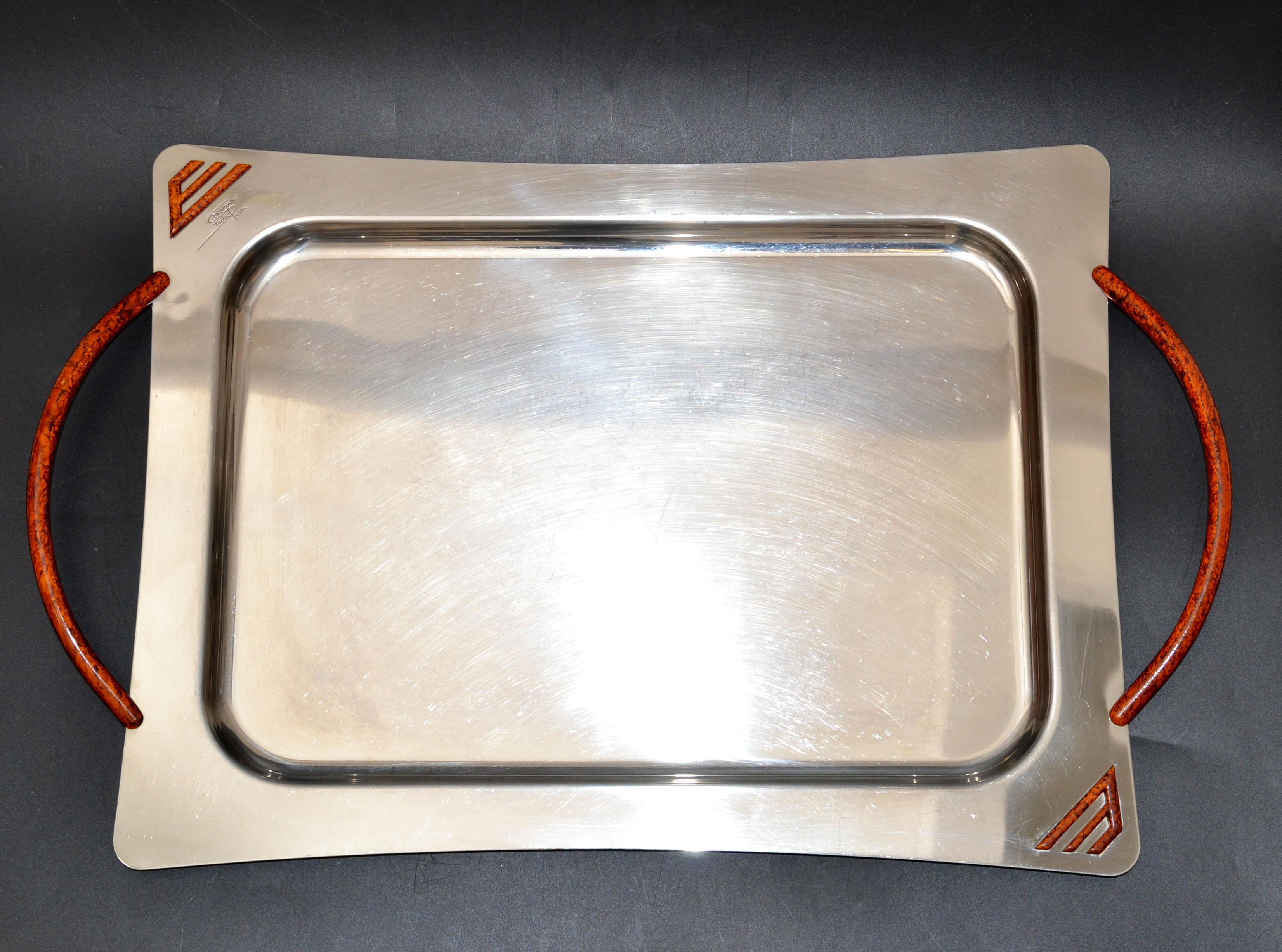 Italian Design Studio Pran Serving Tray Stainless Steel & Resin Decor, 1970 2