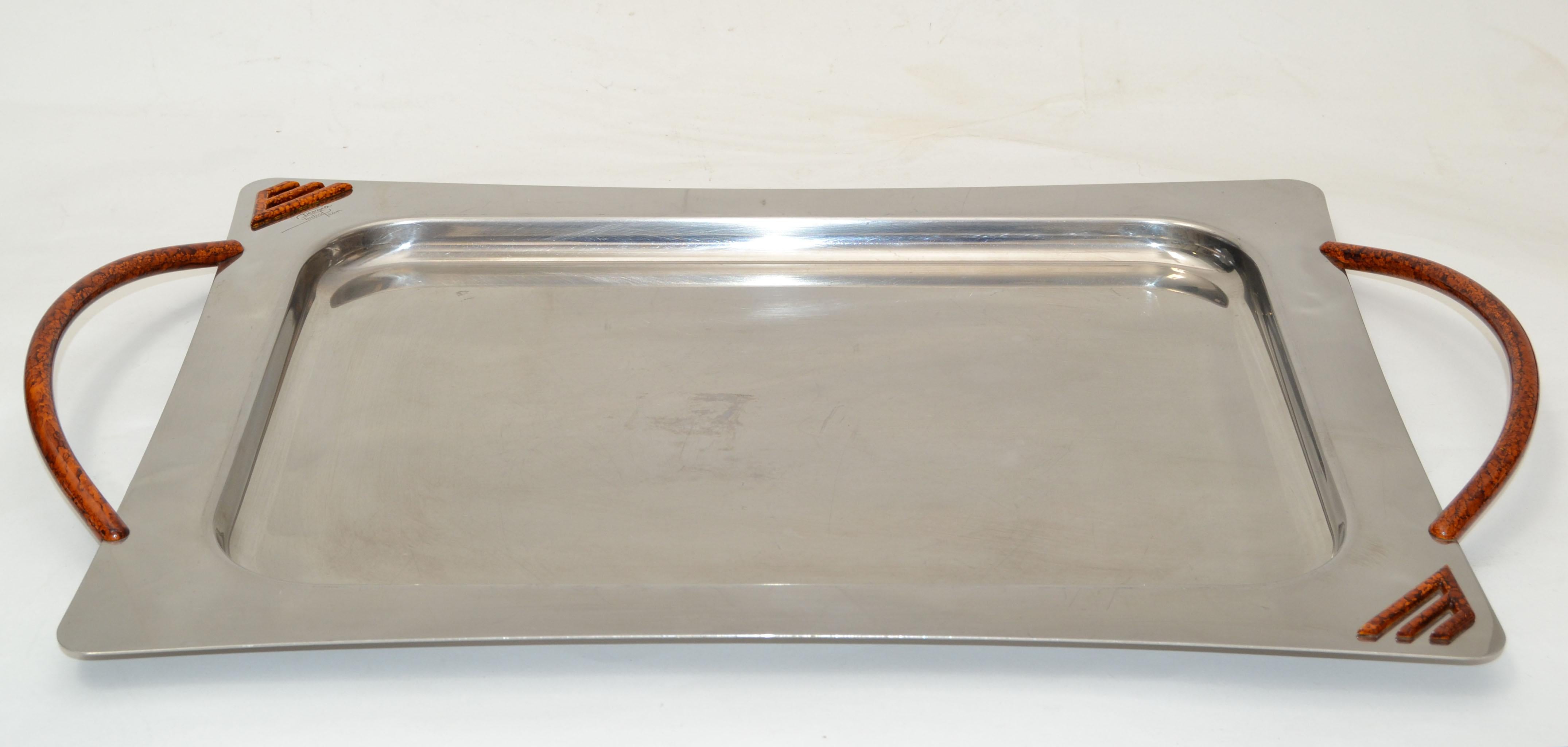 Italian Design Studio Pran Serving Tray Stainless Steel & Resin Decor, 1970 3