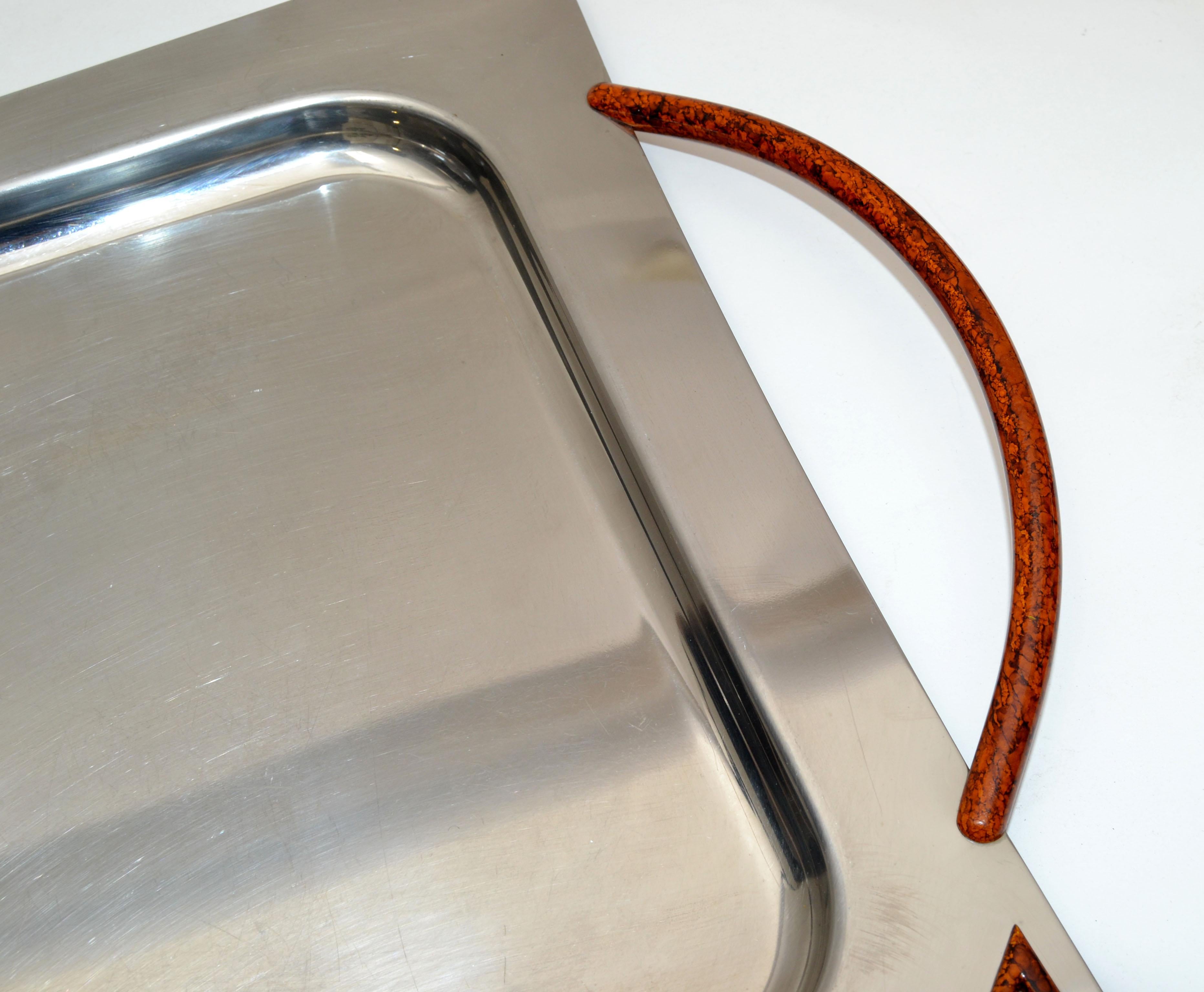 Hollywood Regency Italian Design Studio Pran Serving Tray Stainless Steel & Resin Decor, 1970