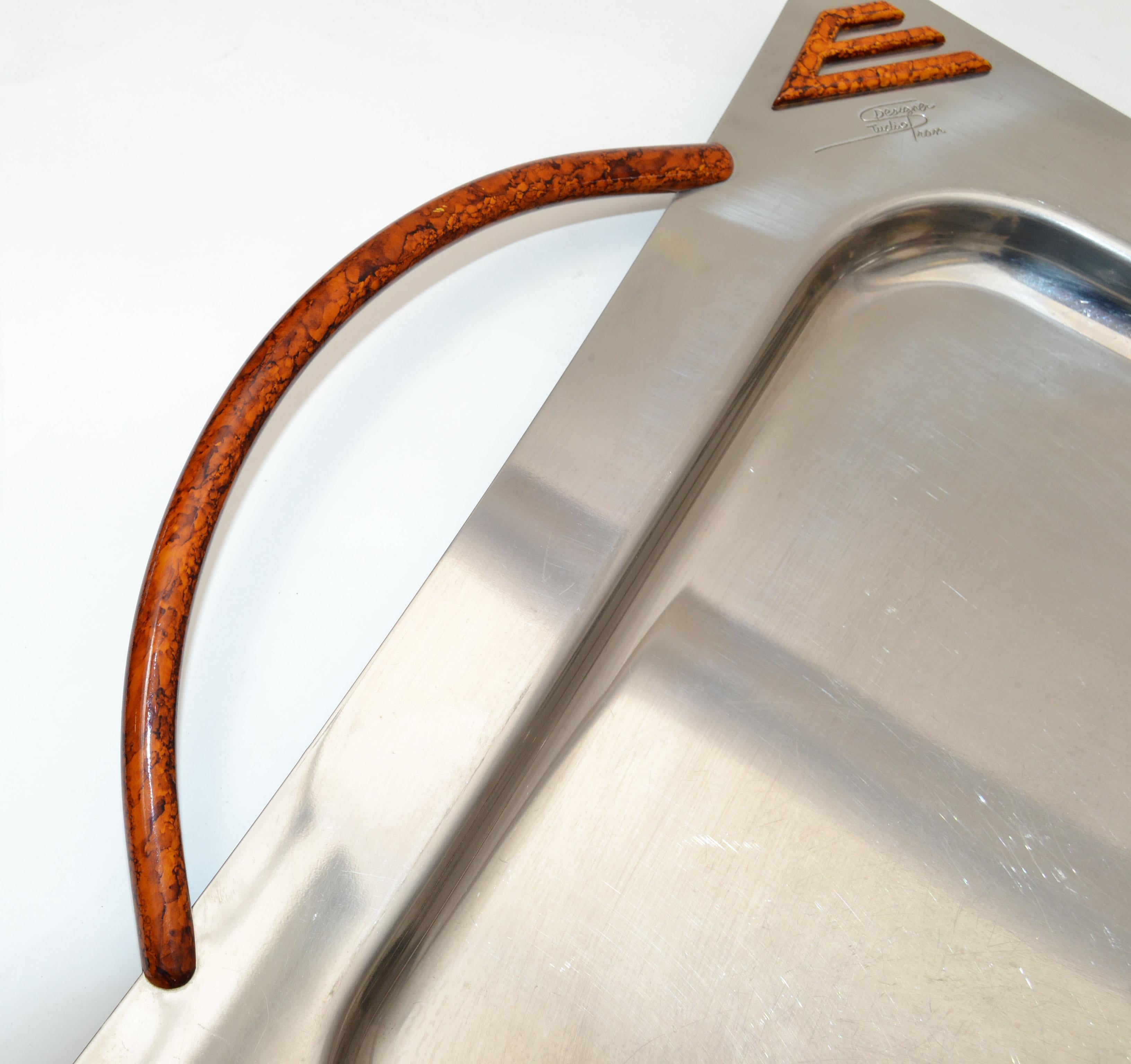 Hand-Carved Italian Design Studio Pran Serving Tray Stainless Steel & Resin Decor, 1970