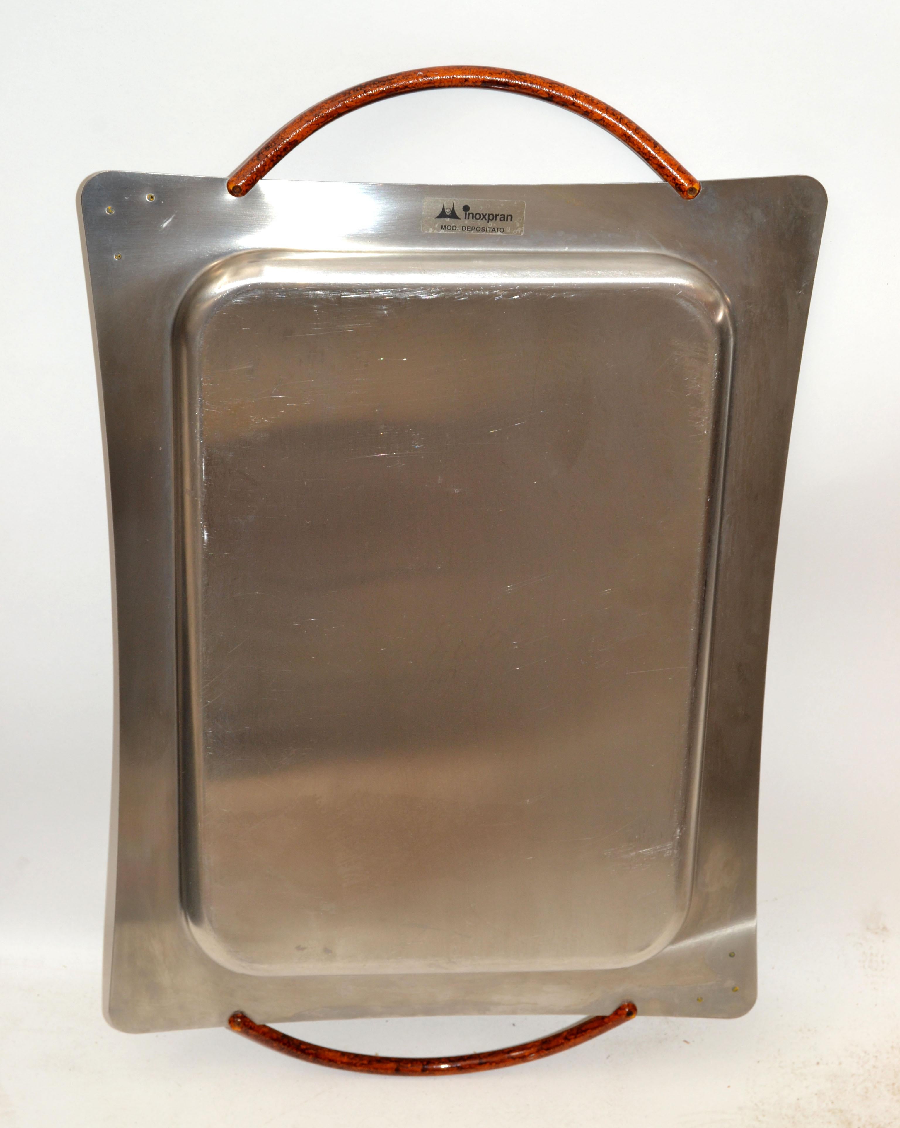 Italian Design Studio Pran Serving Tray Stainless Steel & Resin Decor, 1970 In Good Condition In Miami, FL