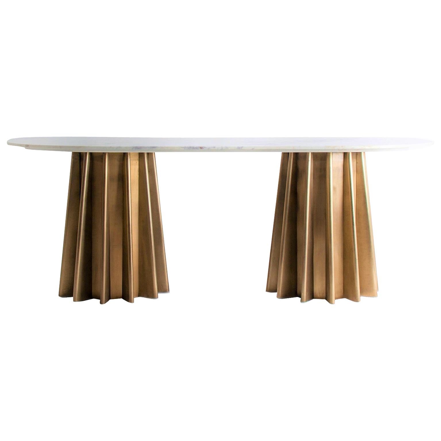 Italian Design Style Marble And Metal Pedestal Oval Table For Sale