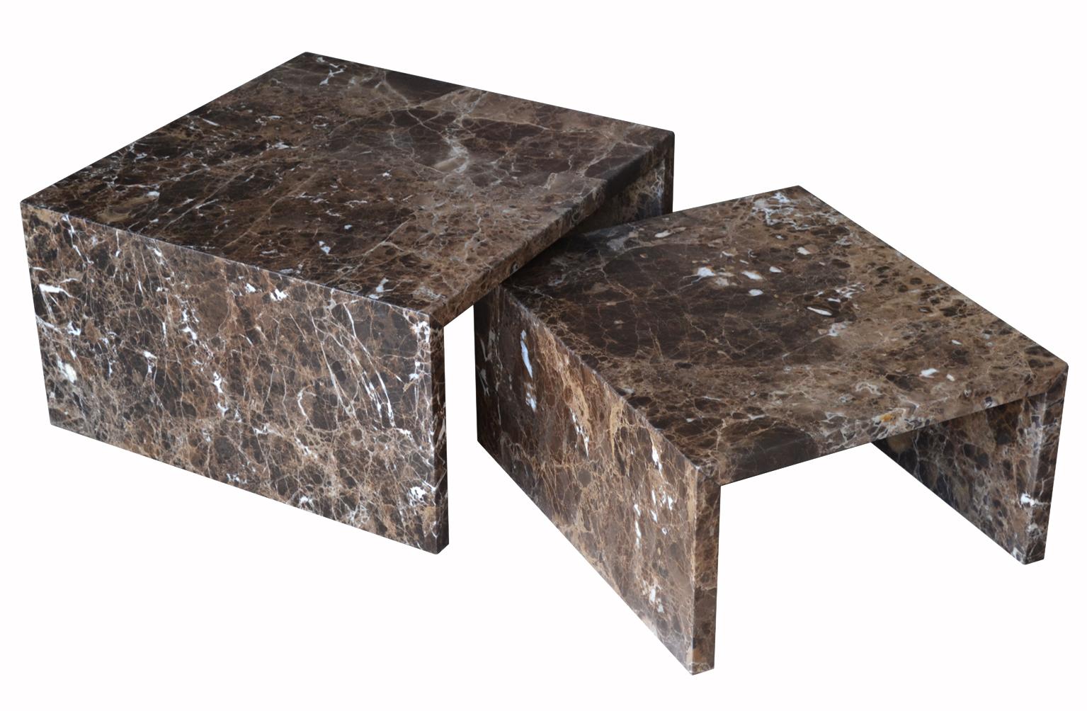 Italian design style set of two coffee or nesting tables in Brown Emprerador marble handcrafted by our craftmen.
A minimalist furnishing piece, able to elevate any contemporary living room.
Handmade in Italy by our skilled artisan in the size:
 Big