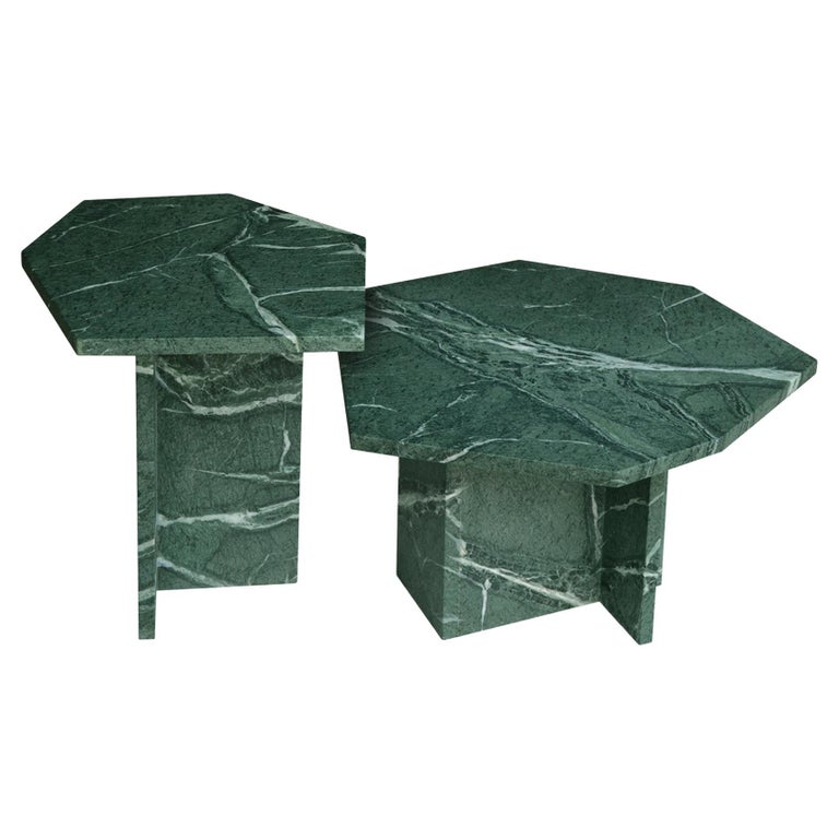 Italian Design Style Set of Two Coffee or Nesting Tables Green Marble Handmade For Sale