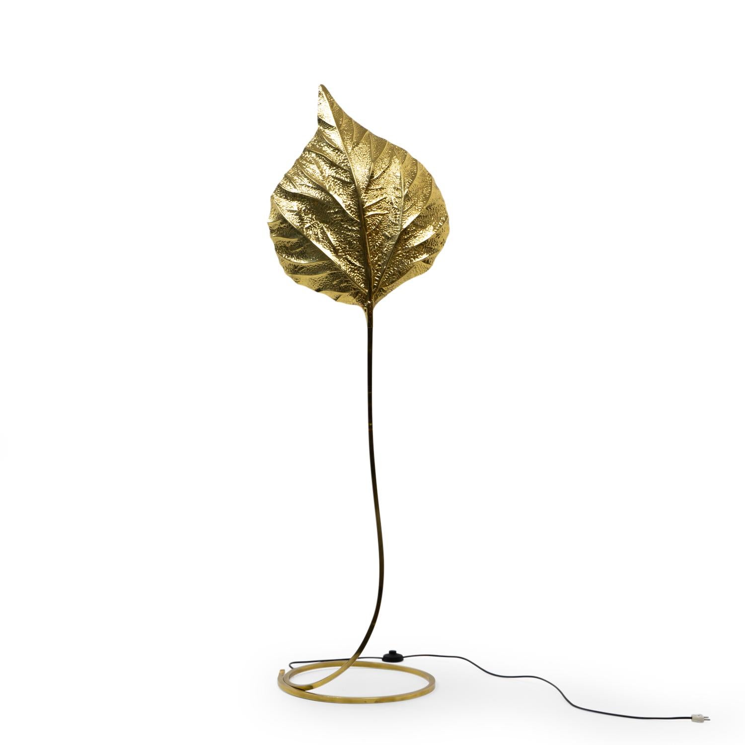 This extraordinary Rabarbaro floor lamp, designed by Tommaso Barbi and produced by Carlo Giorgi in Italy during the 1970s, is a striking example of Italian design. 

Crafted from polished brass, it features a sinuous, elegantly curved base that