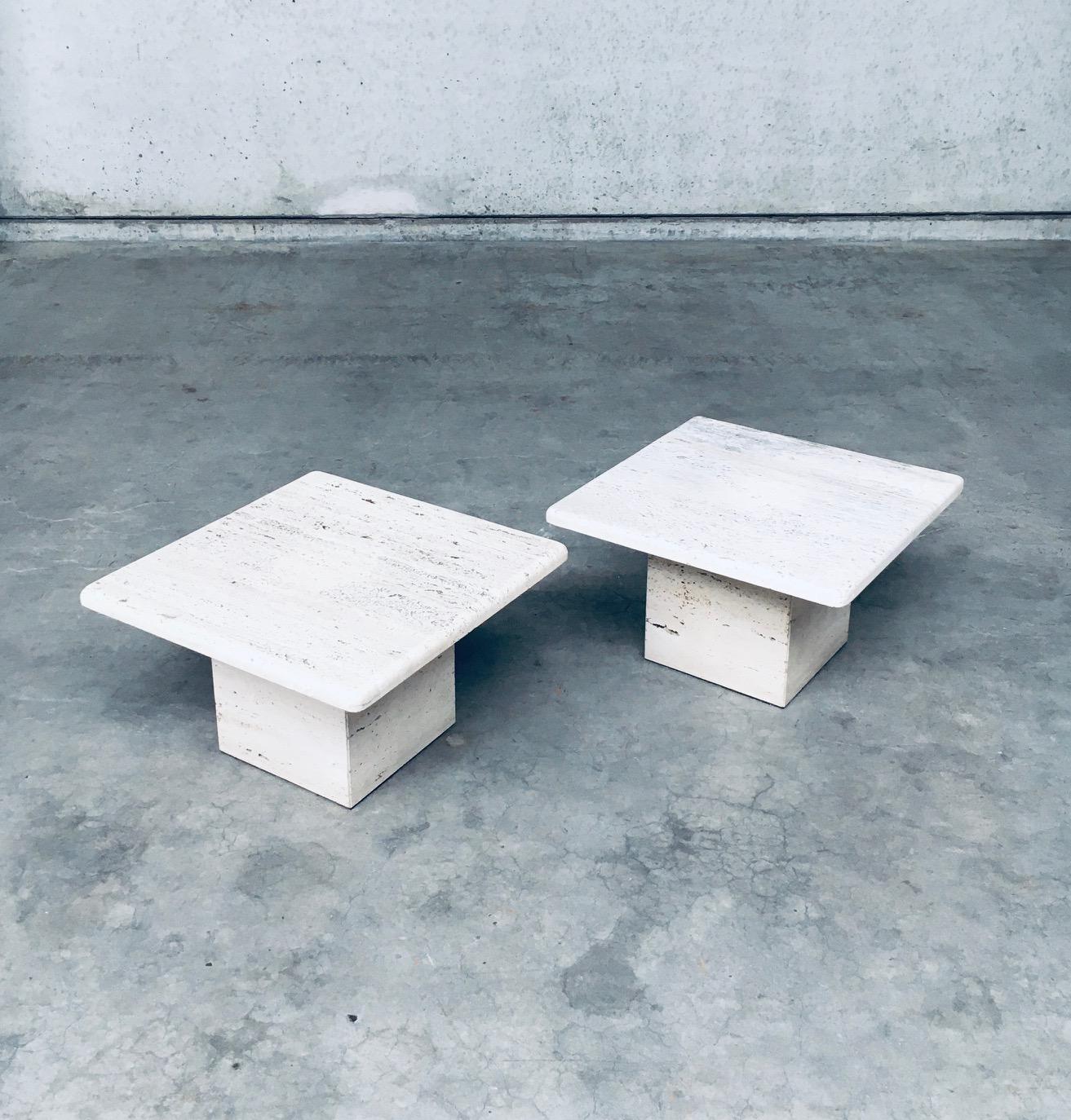 Vintage Midcentury Modern Italian Design Travertine Square Side End Table set of 2. Made in Italy, 1970's. Thick travertine square top with beveled edge supported on a center square travertine base. Classic, elegant and timeless design with