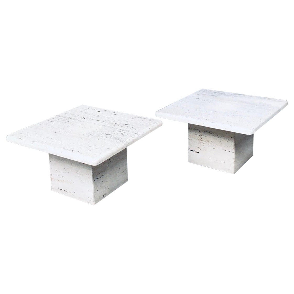 Italian Design Travertine Square Side End Table Set 1970's