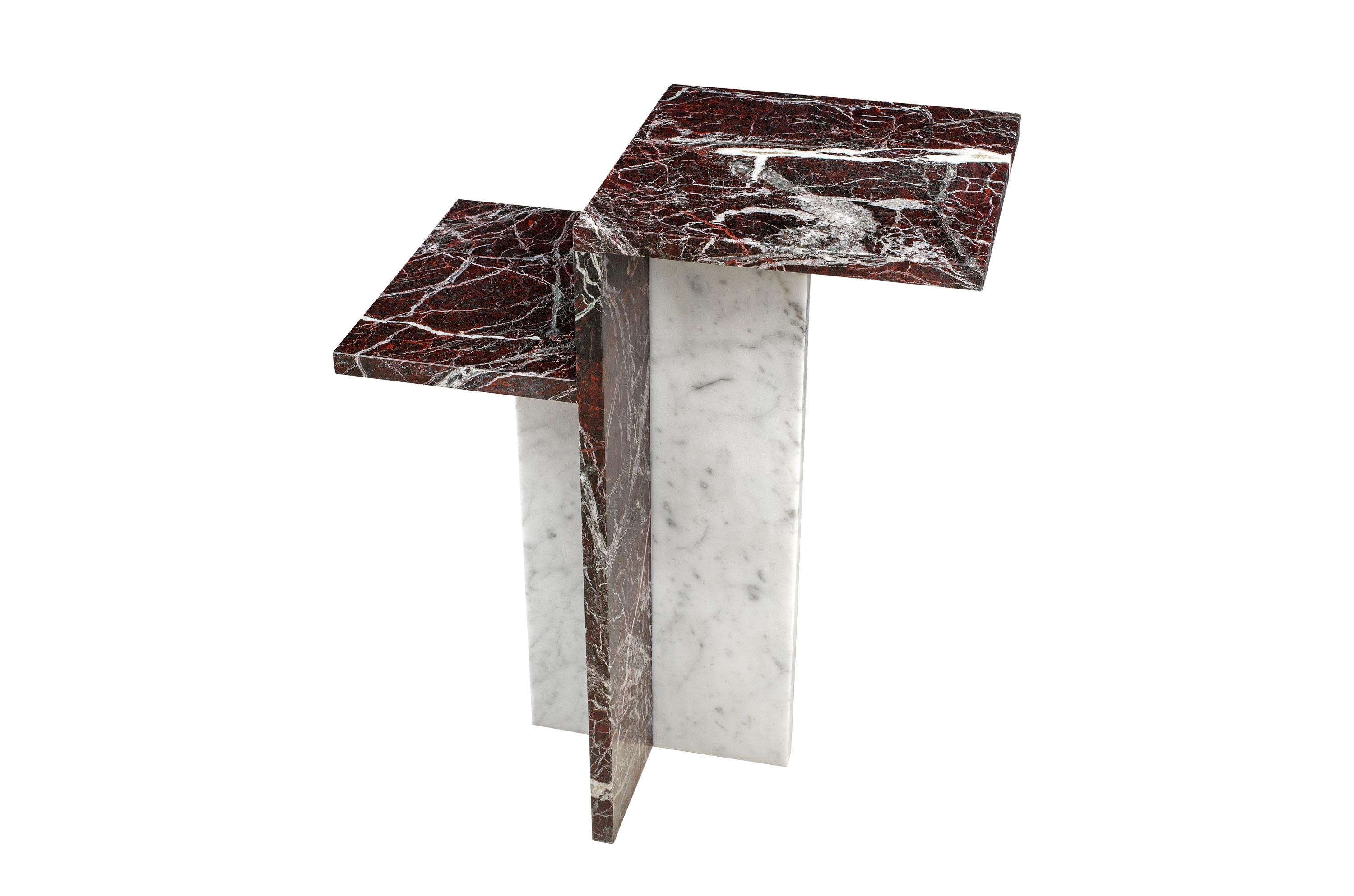 Space Age Italian Design Two-Tier Carrara and Red Marble Pair of Side Tables