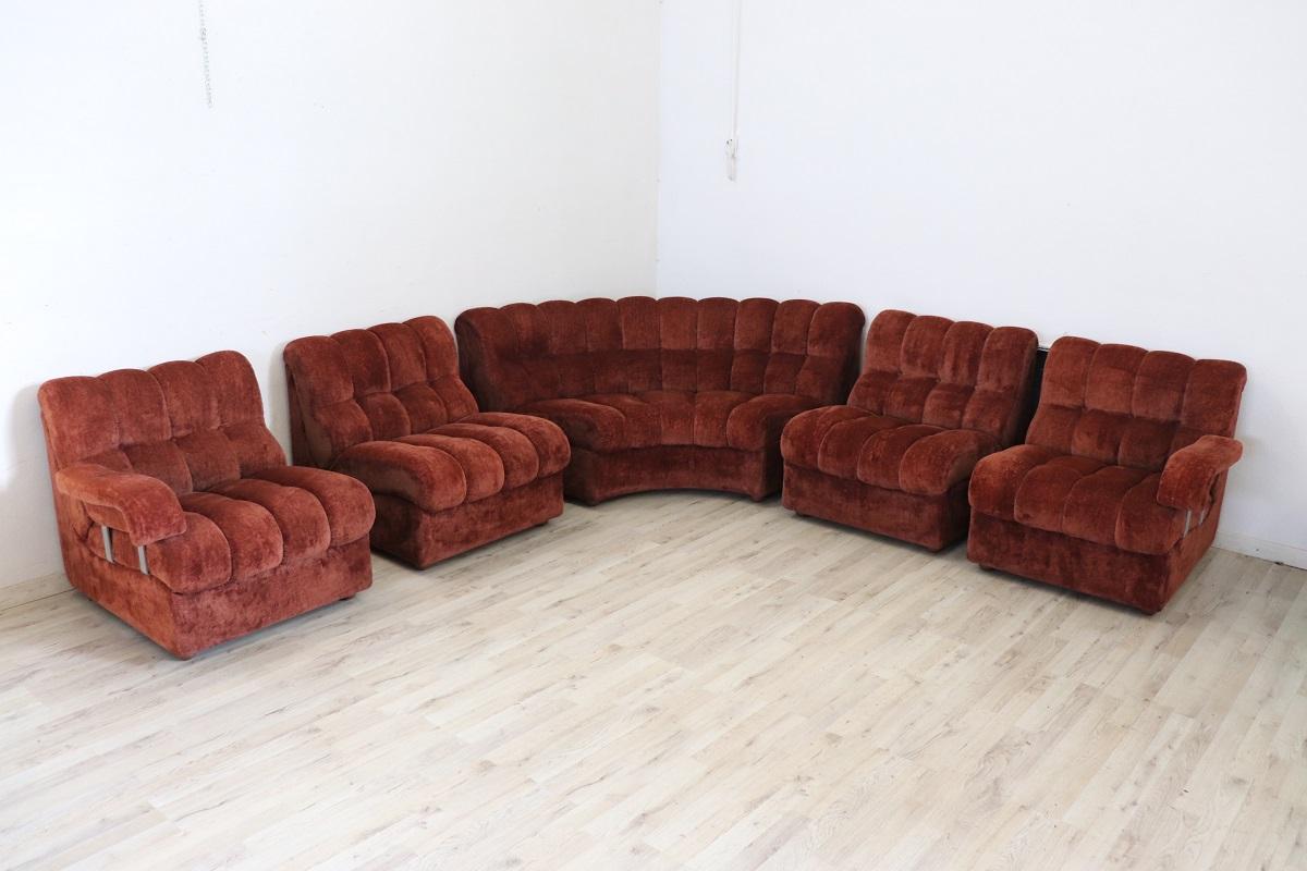 Italian Design Vintage Velvet Modular Curved Sofa, 1970s, 5 modules 8