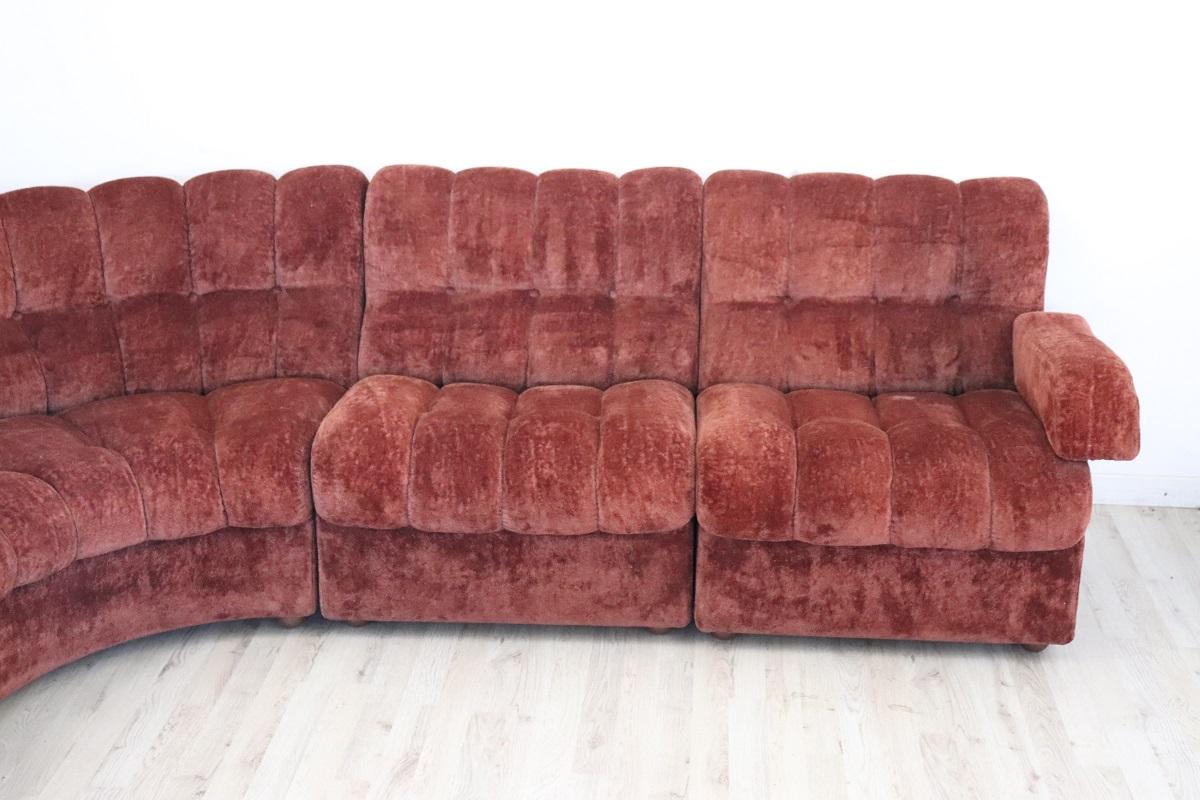 Late 20th Century Italian Design Vintage Velvet Modular Curved Sofa, 1970s, 5 modules