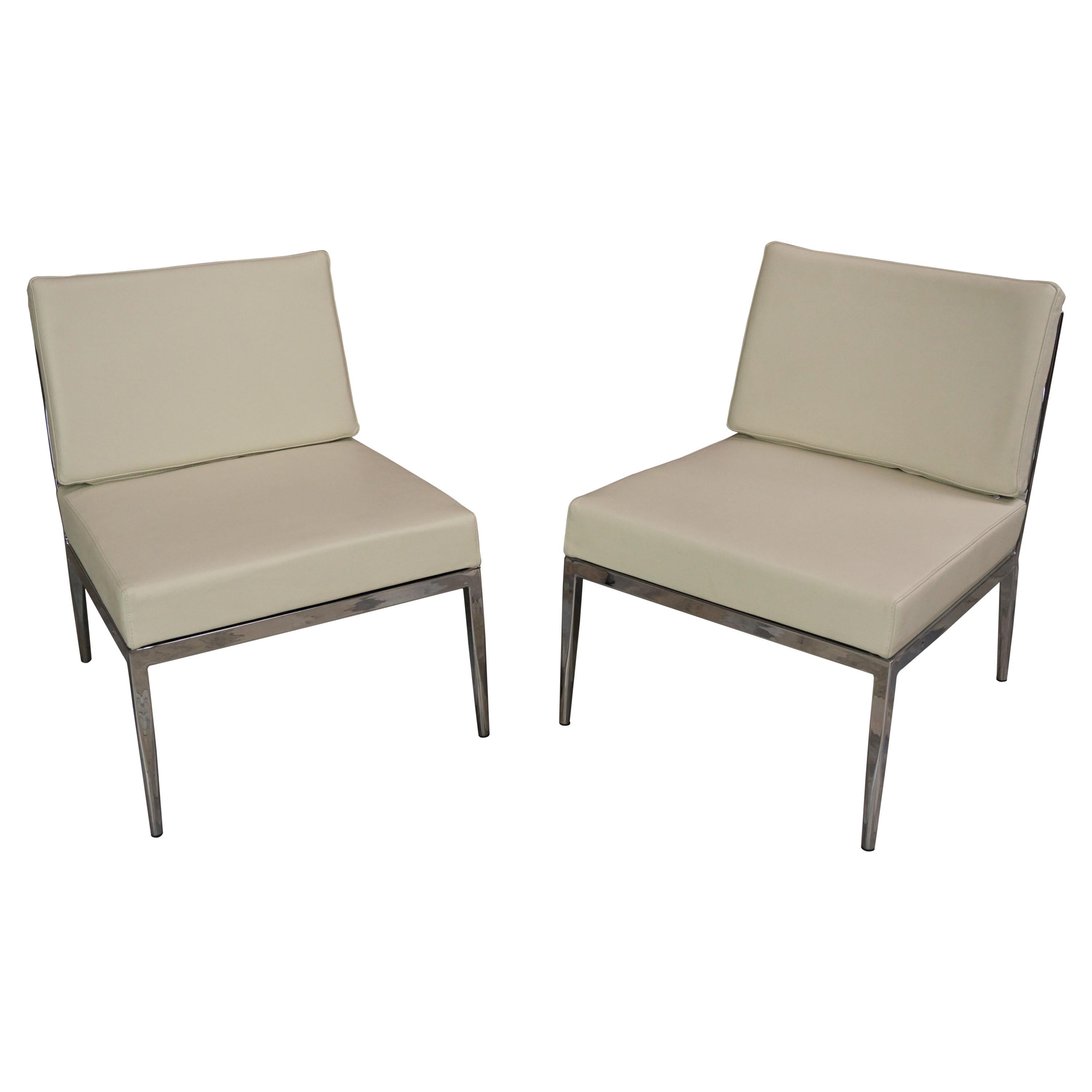 Italian Design White Leather and Chrome Metal Lounger Chairs