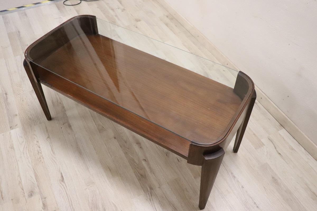 Italian Design Wood and Glass Top Sofa Table or Coffee Table, 1950s For Sale 2