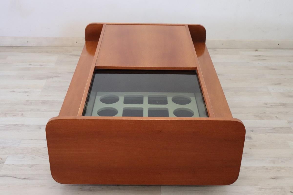 Glass Italian Design Wooden Coffee Table with Bar Compartment, 1970s For Sale