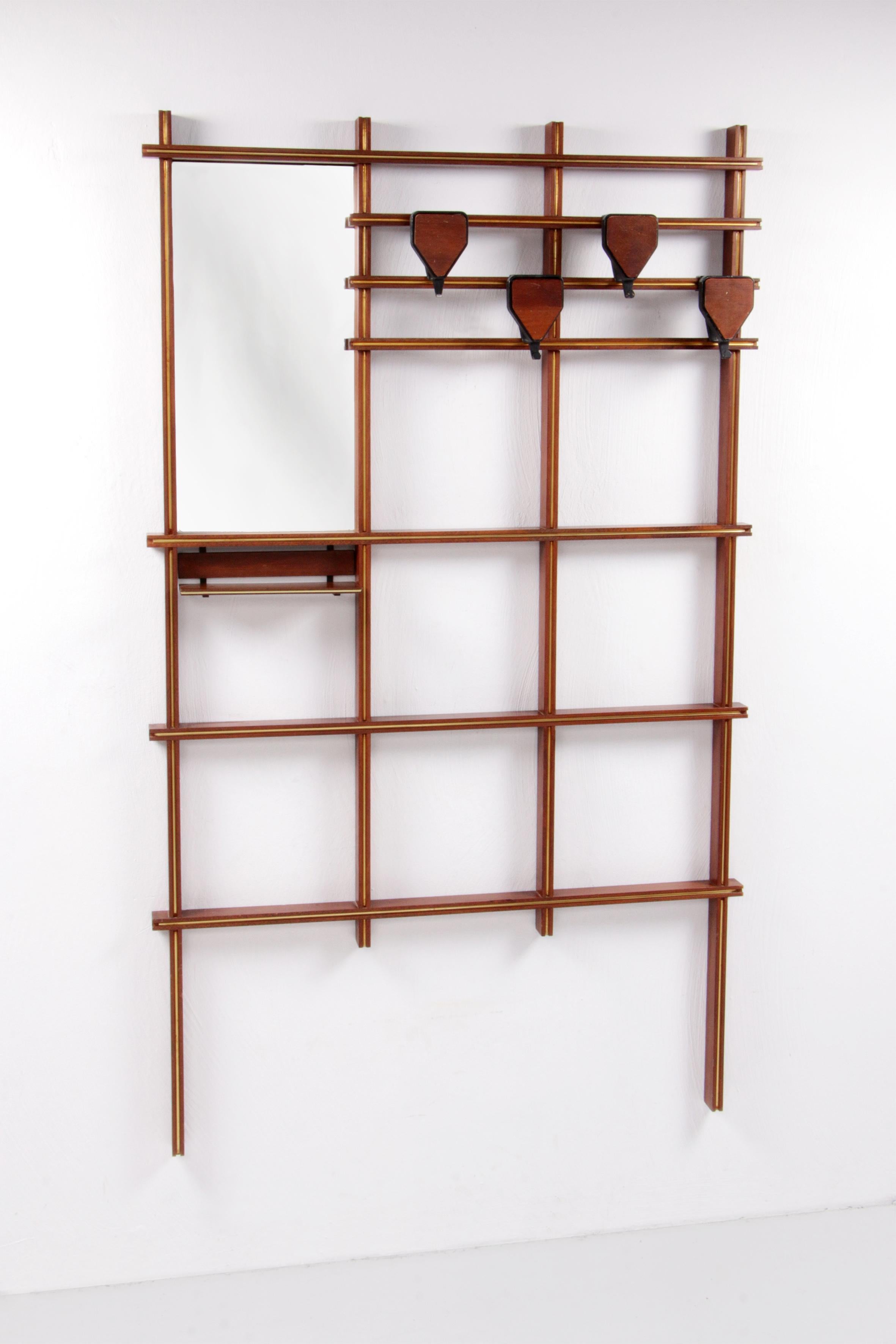 Italian Design Wooden Wall Coat Rack with Bench, 1960 5