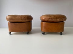 Italian Design Worn Leather Pair of Stools with Wheels, 1970s, Italy