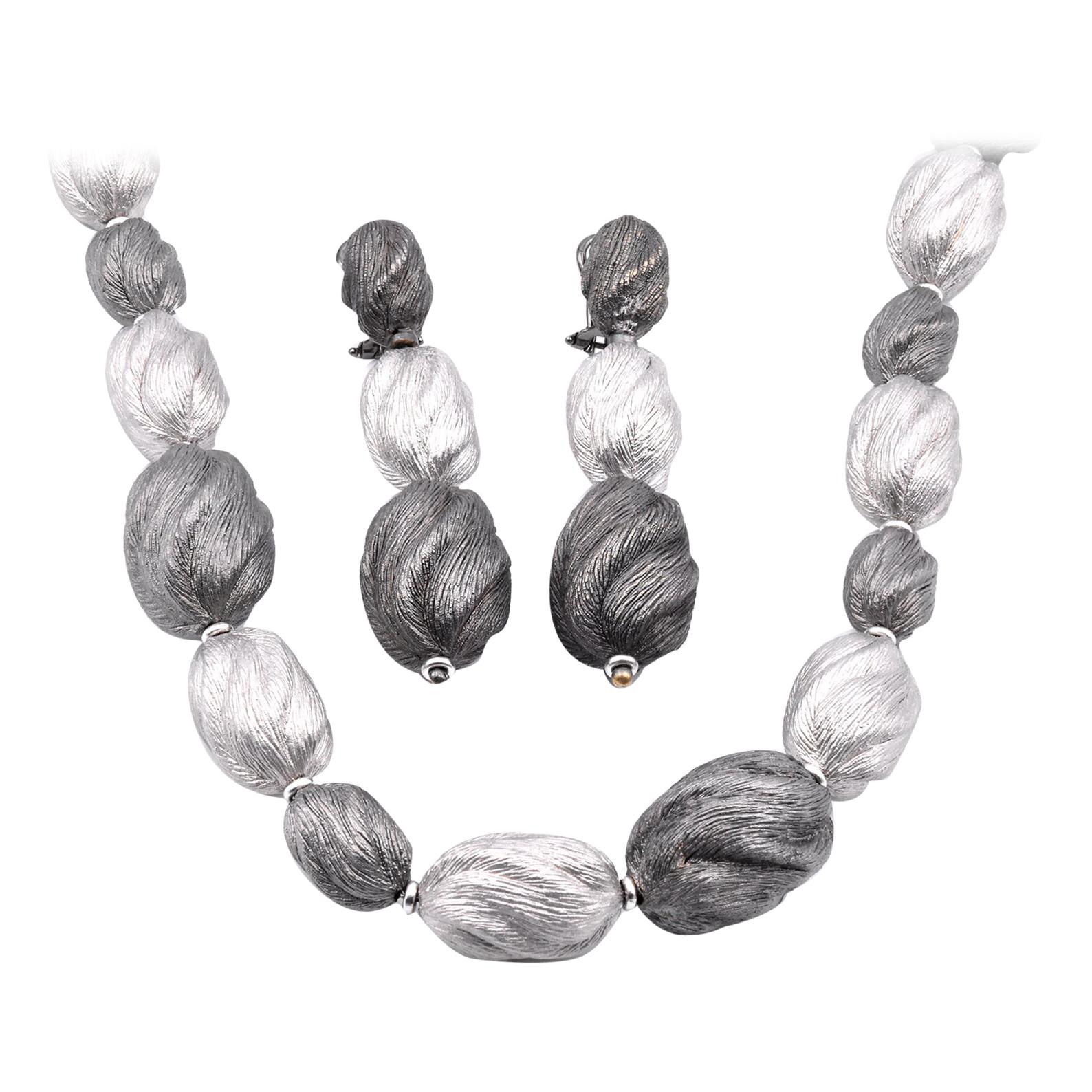 Italian Designed 18 Karat Grey and Black Gold Beaded Texture Necklace & Earrings For Sale