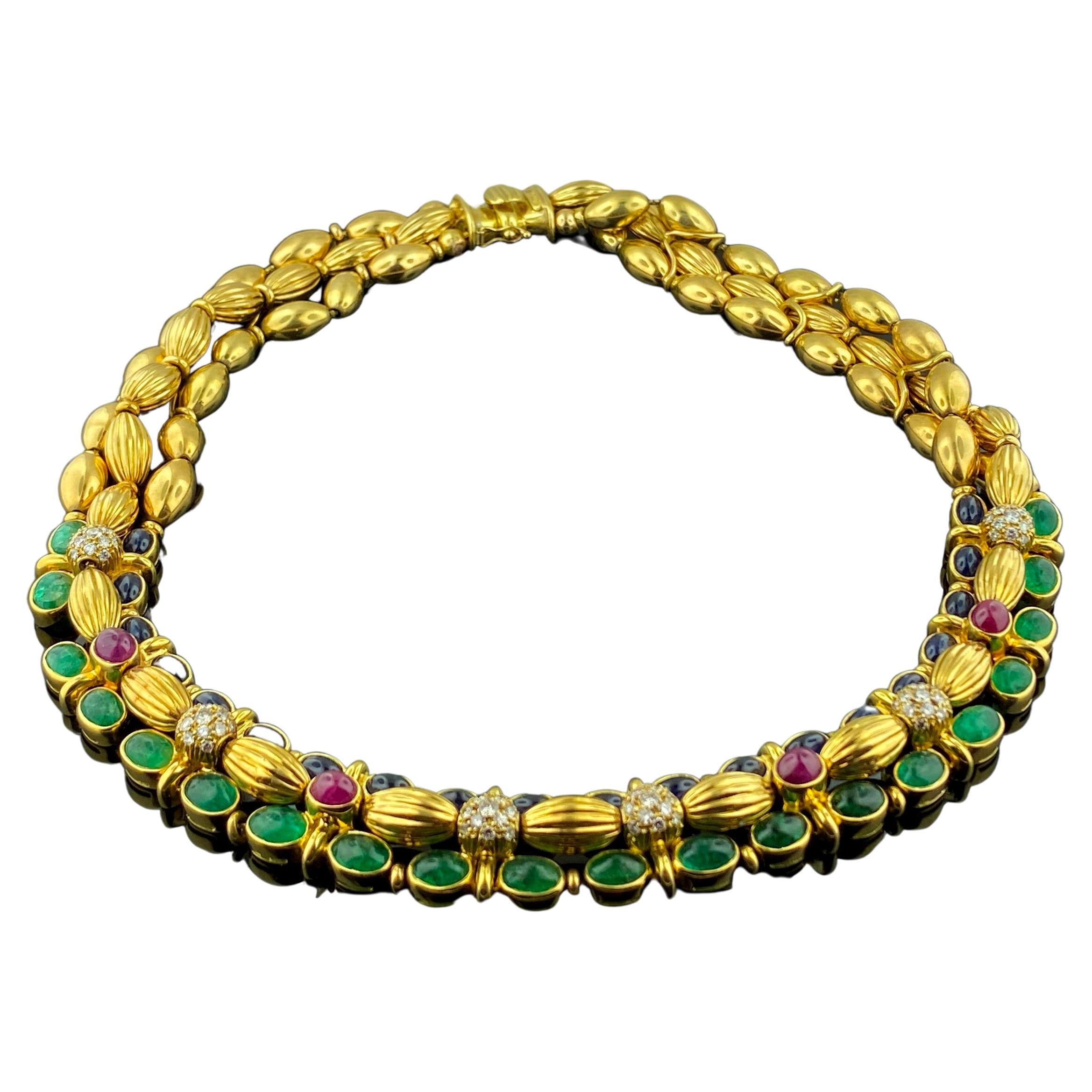 Italian designed Multi-Gem Yellow Gold Necklace For Sale