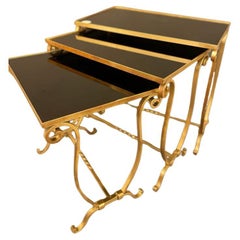 Used Italian Designed Nest of Three Tables Gilt Forged Iron with Black Glass, 1950