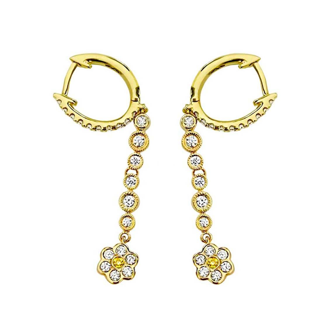 Round Cut Italian Designer 18 Karat Gold Flower Diamond Earrings For Sale