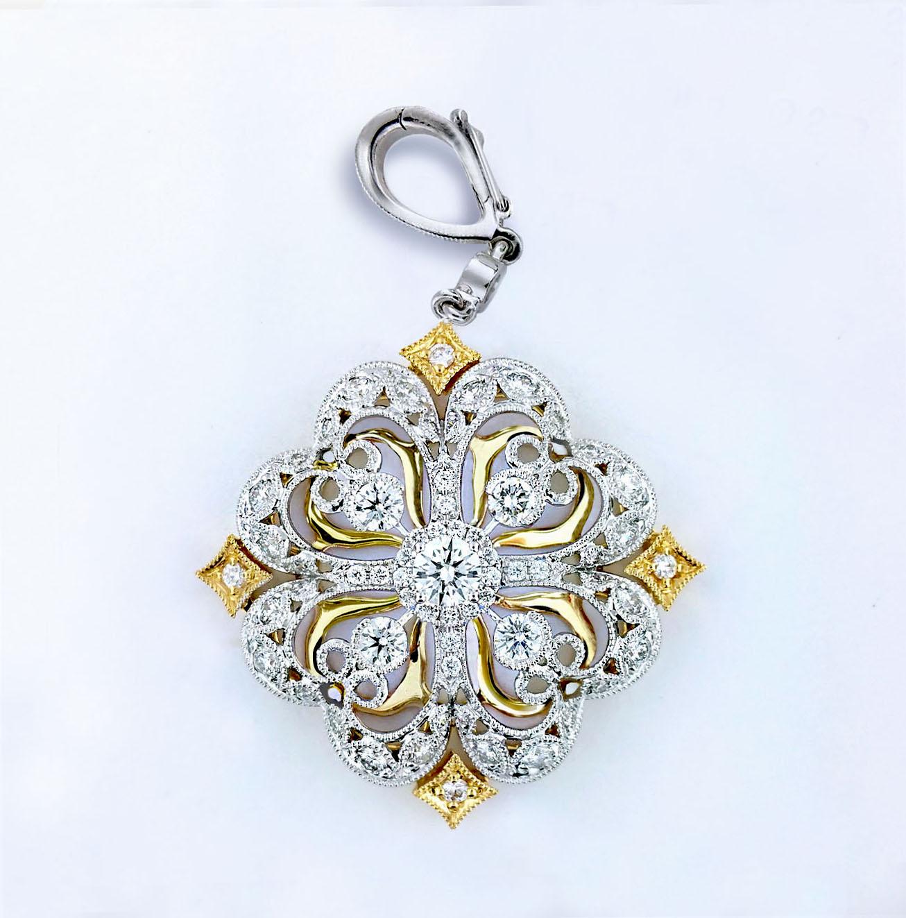 Produced by award winning Italian designer Stefano Vitolo. Stefano creates custom artisanal one of a kind jewelry with excellent gemstones in a truly old world Italian craftmanship.
This diamond pendant has 1.44 total carat weight of F/G color and