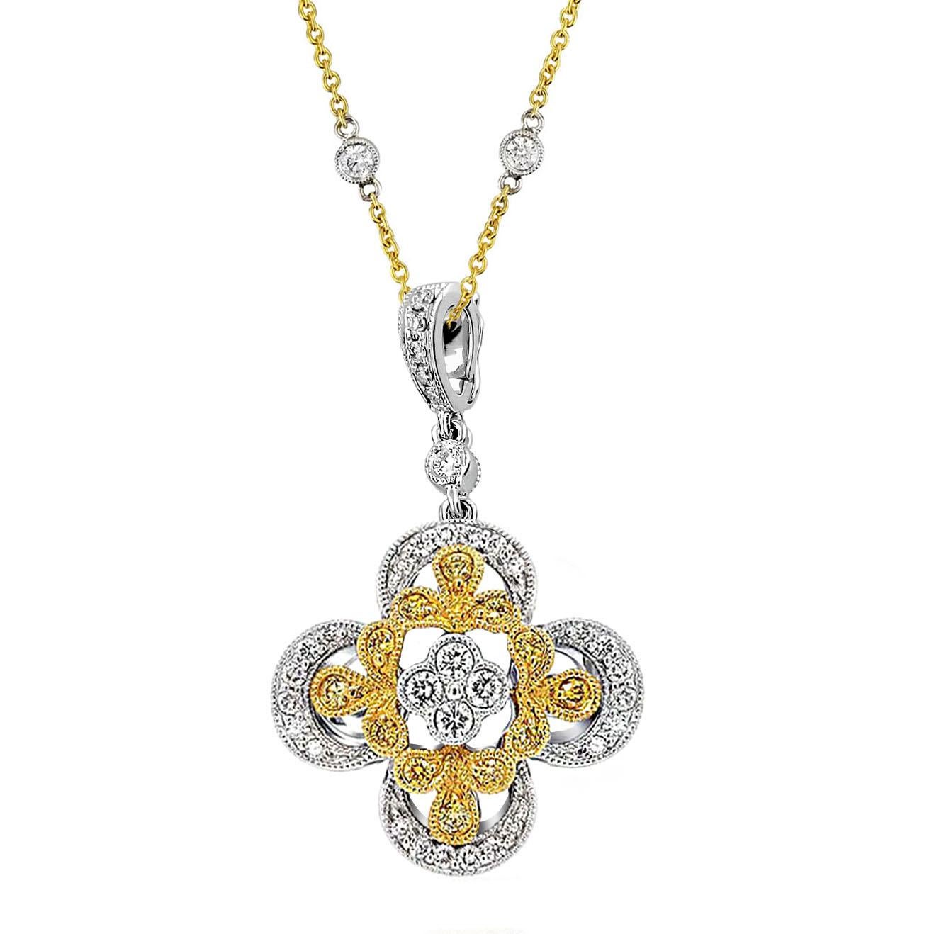 Artisan Italian Designer 18 Karat Gold Flower Motif Diamond Pendant For Sale