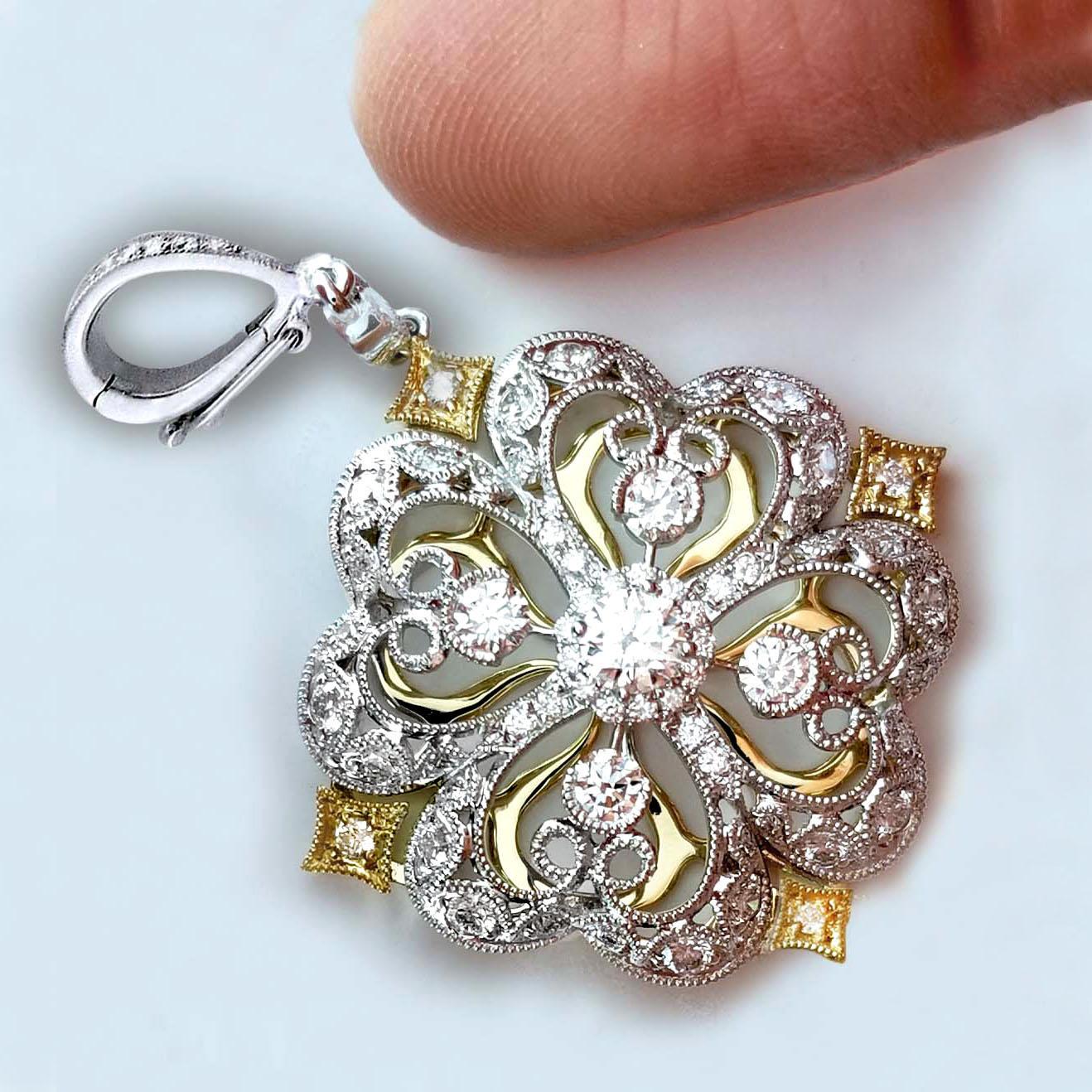 Round Cut Italian Designer 18 Karat Gold Flower Motif Diamond Pendant For Sale