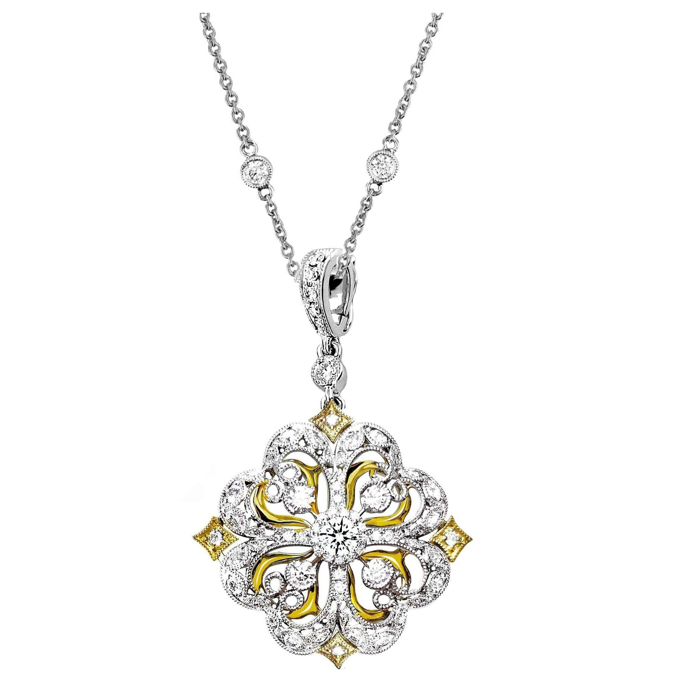 Italian Designer 18 Karat Gold Flower Motif Diamond Pendant For Sale 1