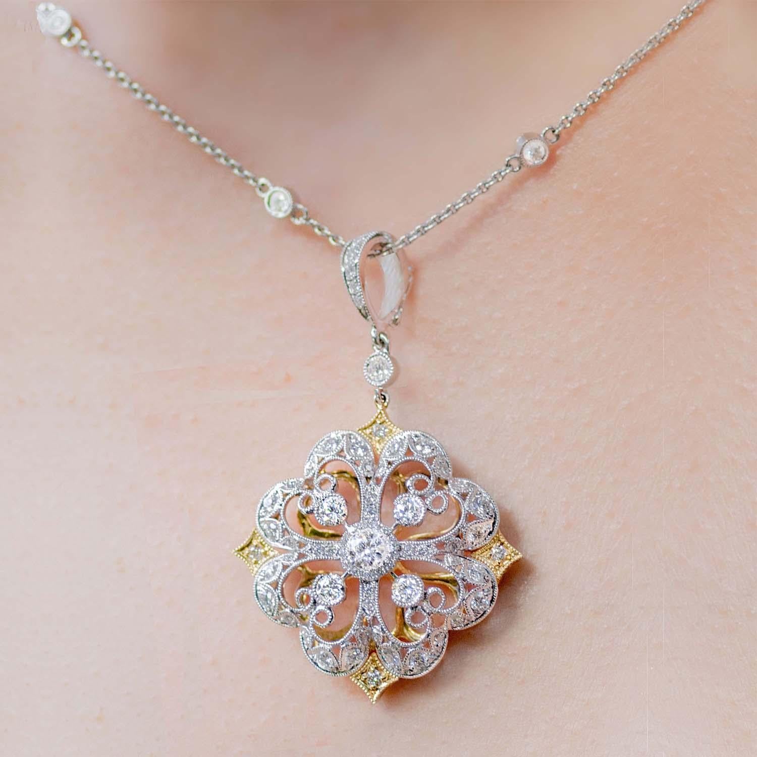 Italian Designer 18 Karat Gold Flower Motif Diamond Pendant For Sale 2
