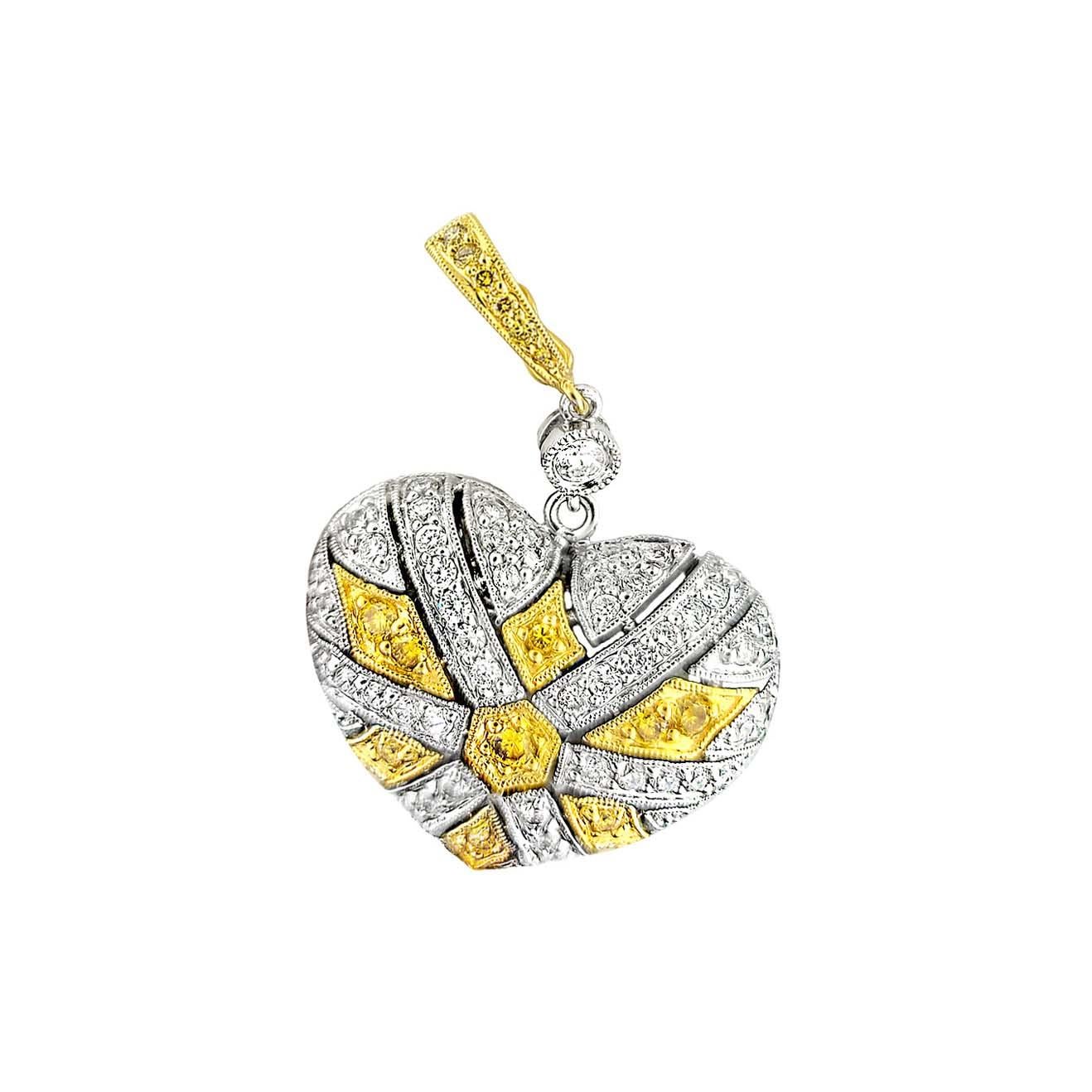 Artisan Italian Designer 18 Karat Gold Heart Motif Diamond Pendant For Sale