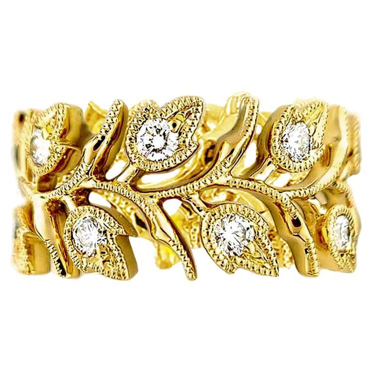 Italian Designer 18 Karat Gold Leaf Diamond Ring For Sale