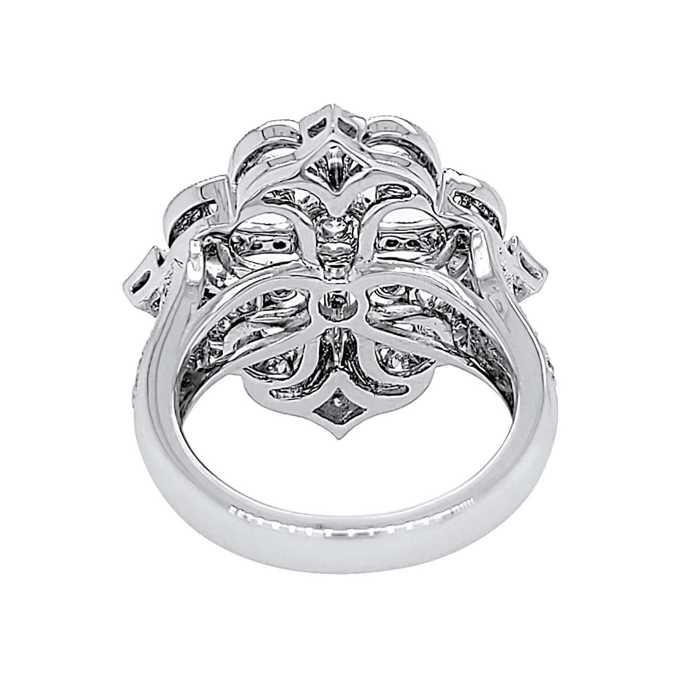 Artisan Italian Designer 18 Karat White Gold Flower Motif Diamond Ring For Sale