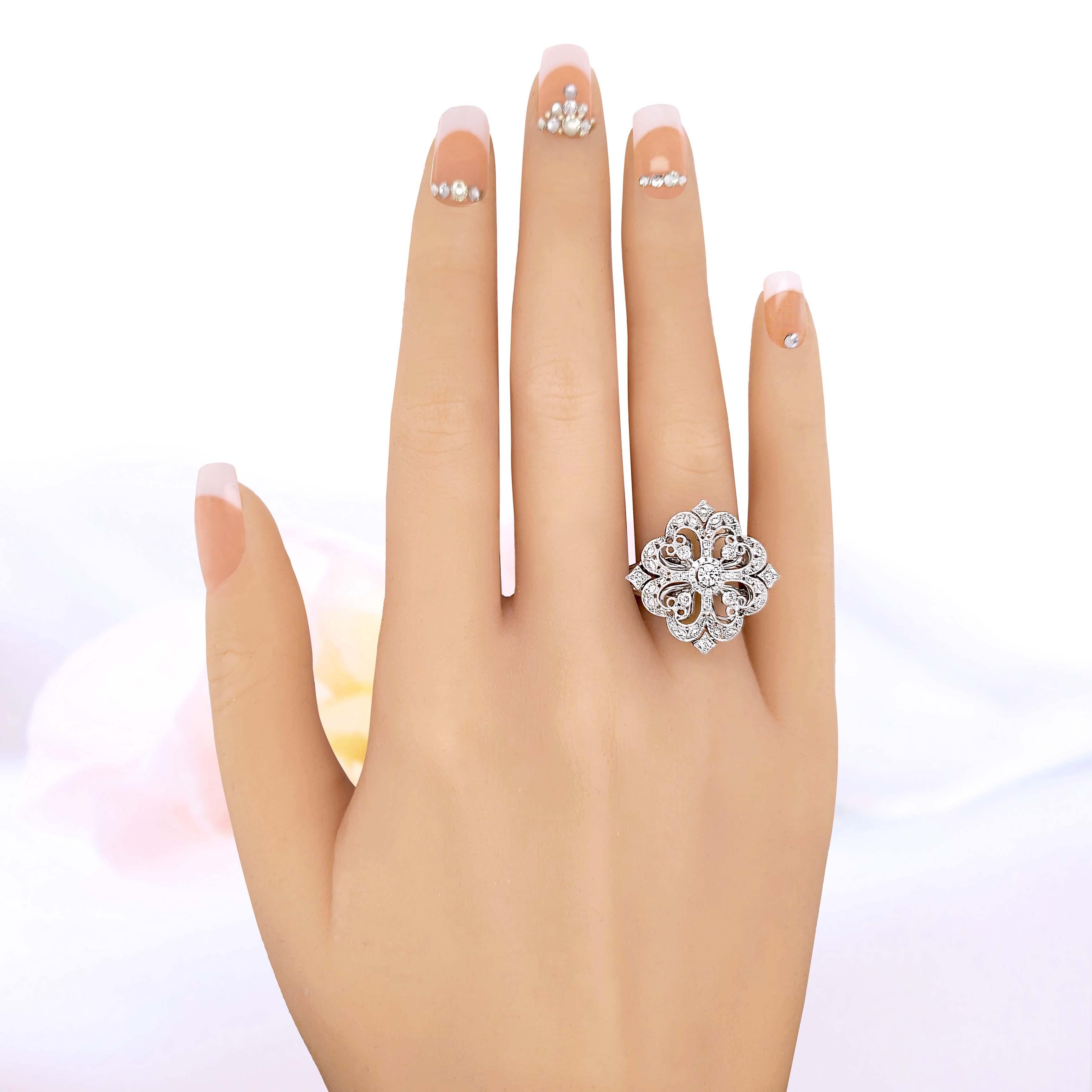 Italian Designer 18 Karat White Gold Flower Motif Diamond Ring In New Condition For Sale In Los Angeles, CA