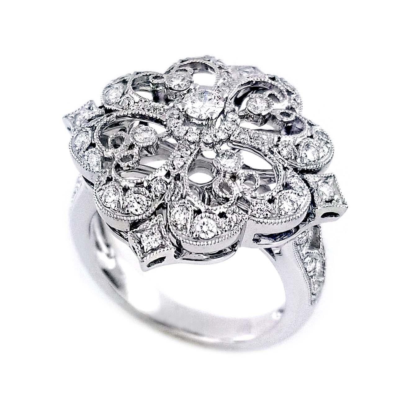 Round Cut Italian Designer 18 Karat White Gold Flower Motif Diamond Ring For Sale