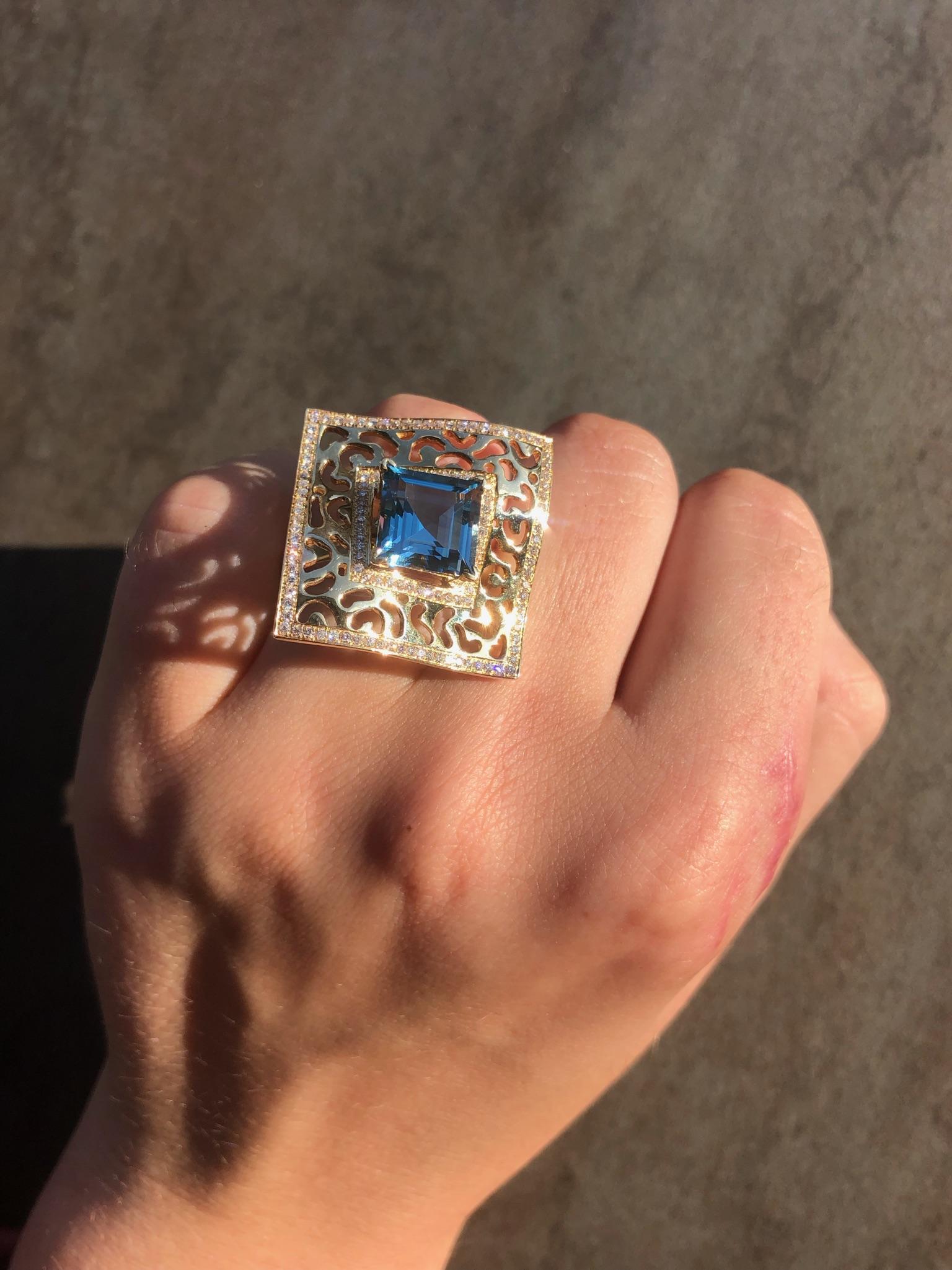 Italian Designer 18K London Blue Topaz Diamonds Rose Gold Ring for Her In New Condition For Sale In Montreux, CH