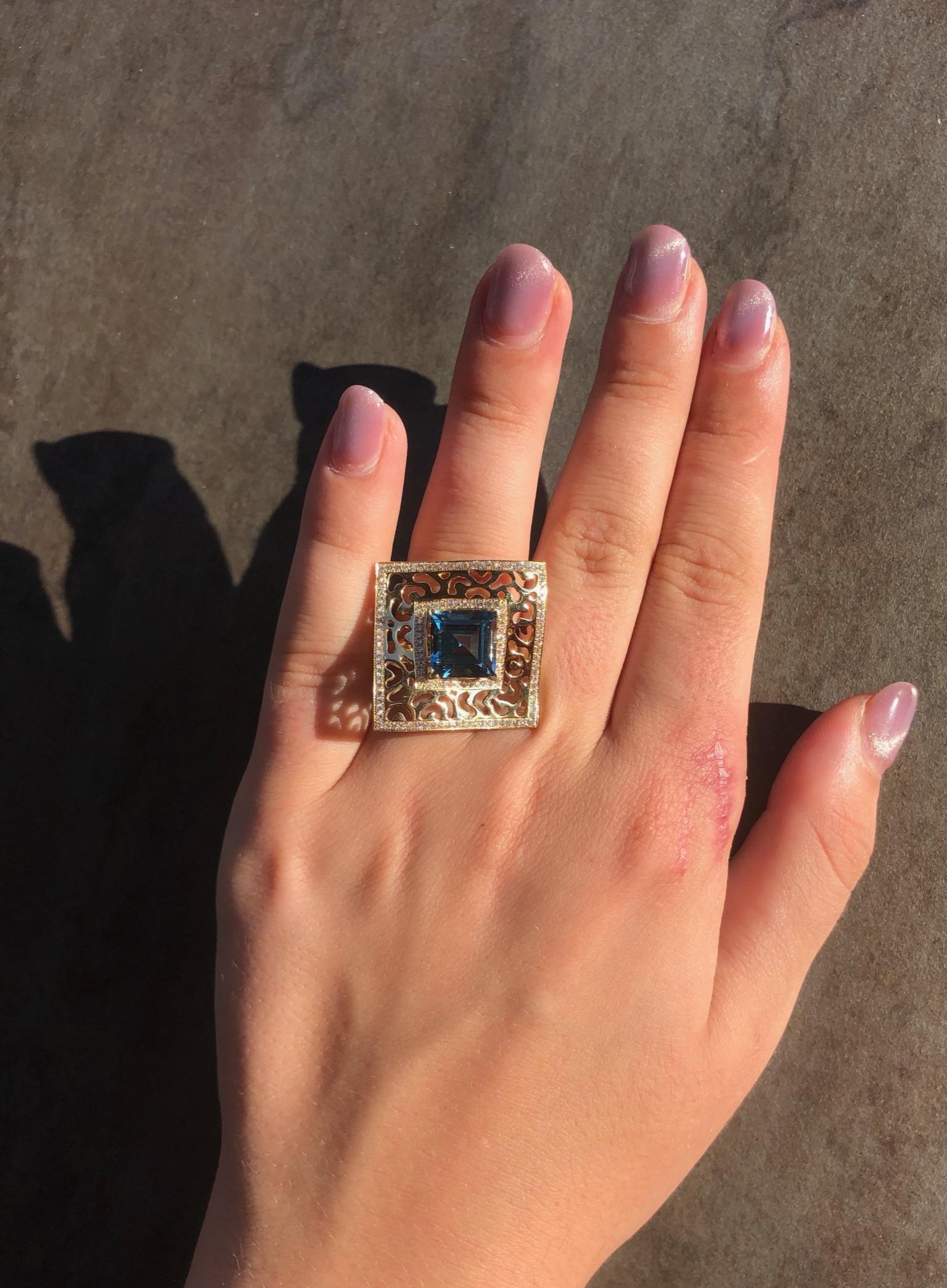 Women's Italian Designer 18K London Blue Topaz Diamonds Rose Gold Ring for Her For Sale