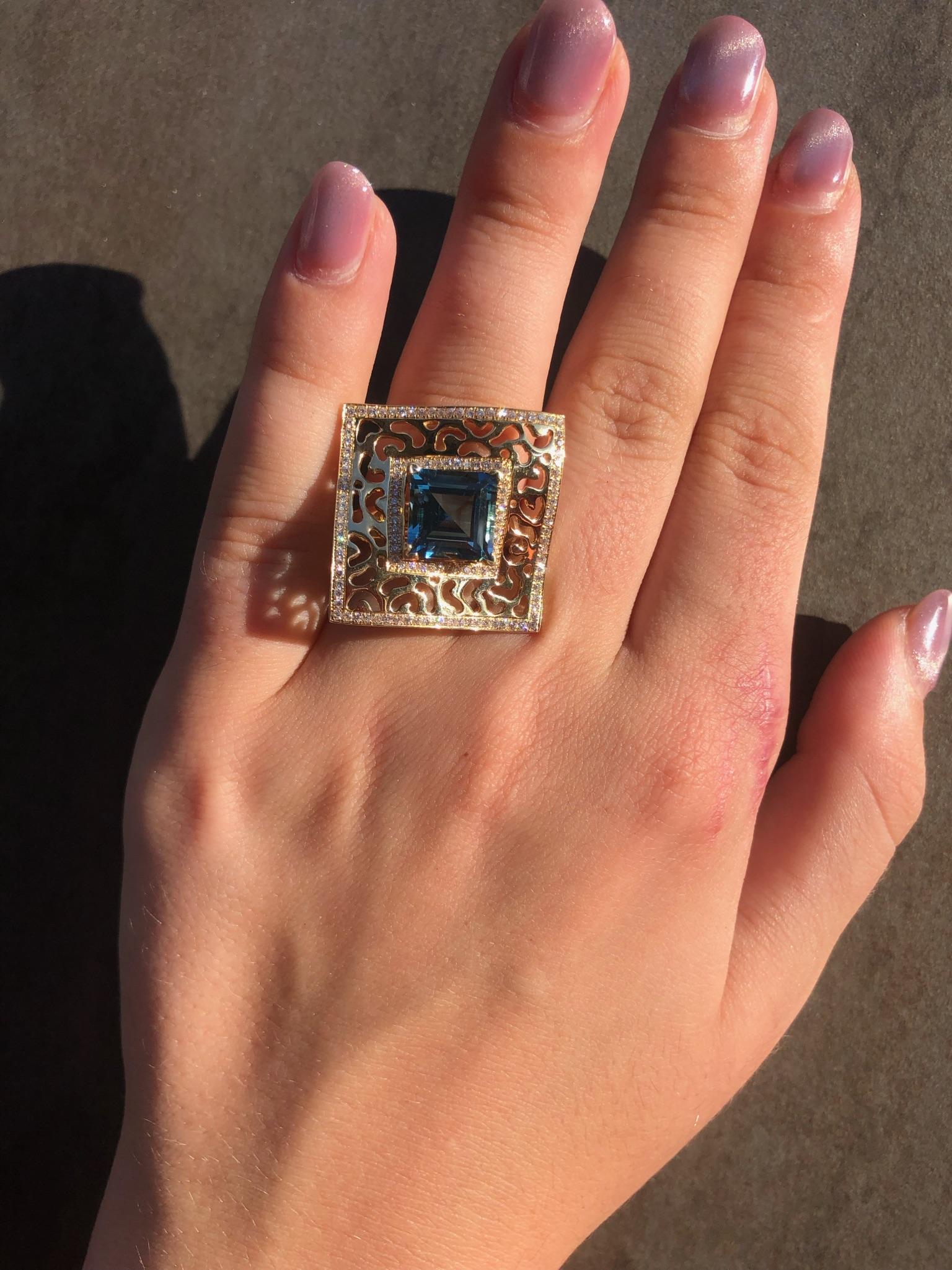 Italian Designer 18K London Blue Topaz Diamonds Rose Gold Ring for Her For Sale 1