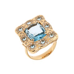 Italian Designer 18K London Blue Topaz Diamonds Rose Gold Ring for Her