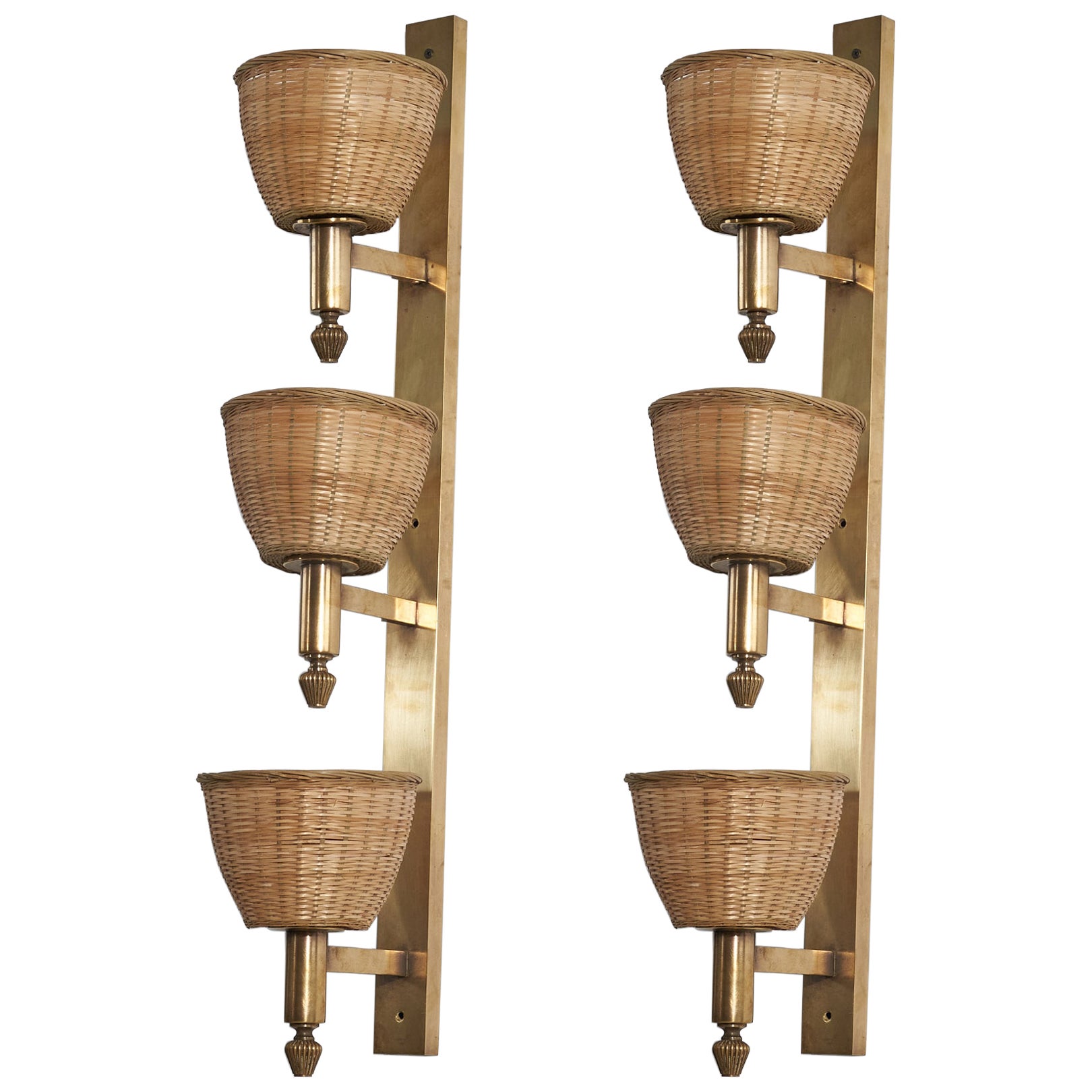 Italian Designer, 3-Light Wall Sconces, Brass, Rattan, Italy, 1930s