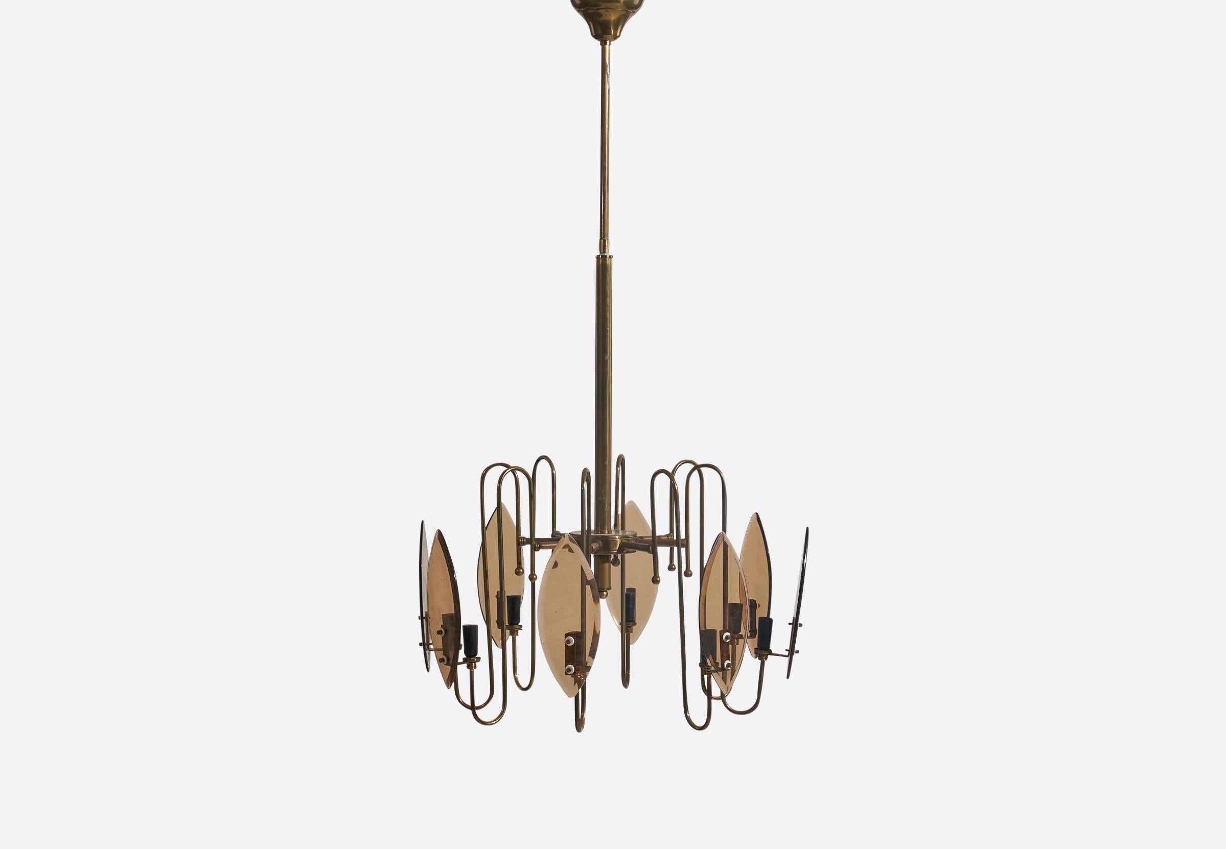 A brass and glass, 8-light chandelier designed and produced in Italy, 1950s.

Dimensions of canopy (inches) : 2.72 x 4.43 x 4.43 (Height x Width x Depth).

Socket takes E-14 bulb. 
There is no maximum wattage stated on the fixture.